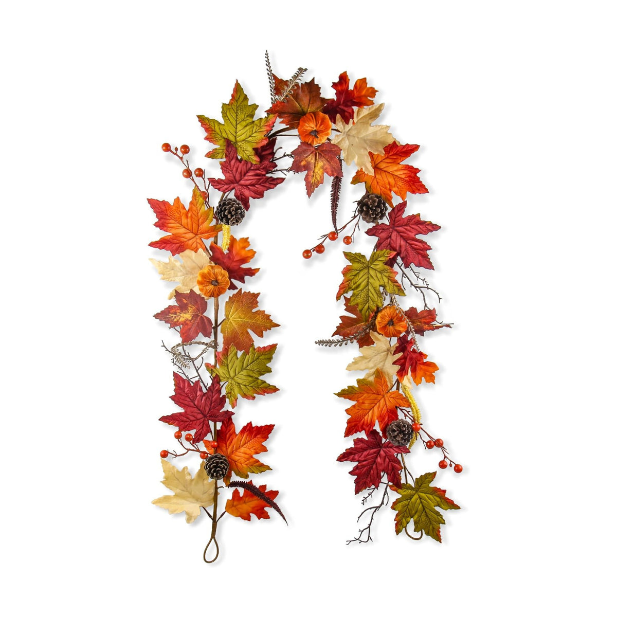 6FT Fall Maple Leaf Garland with Mini Pumpkins Pinecones & Red Berries, Artificial Autumn Leaves Garland for Thanksgiving Autumn Mantel Fireplace Stair Railing Front Door Farmhouse Decor