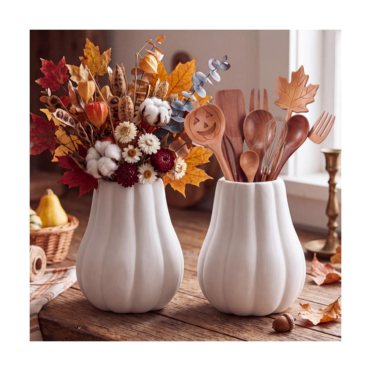 2 Pcs 6" Fall Pumpkin Vase Ceramic White Vase for Table Decor Centerpieces