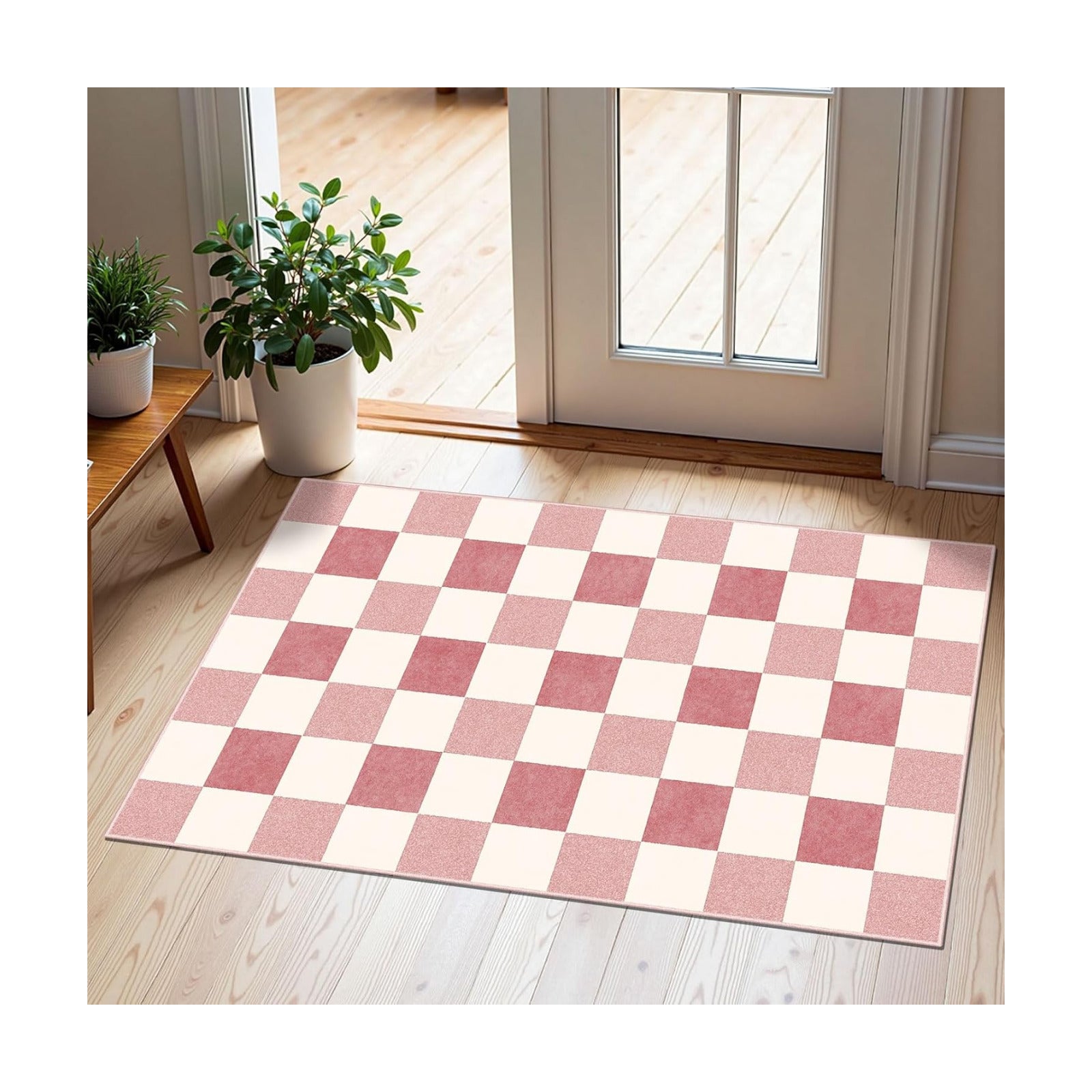 Front Door Mat Outside Entrance - 2x3 Cute Pink White Checkered Rug