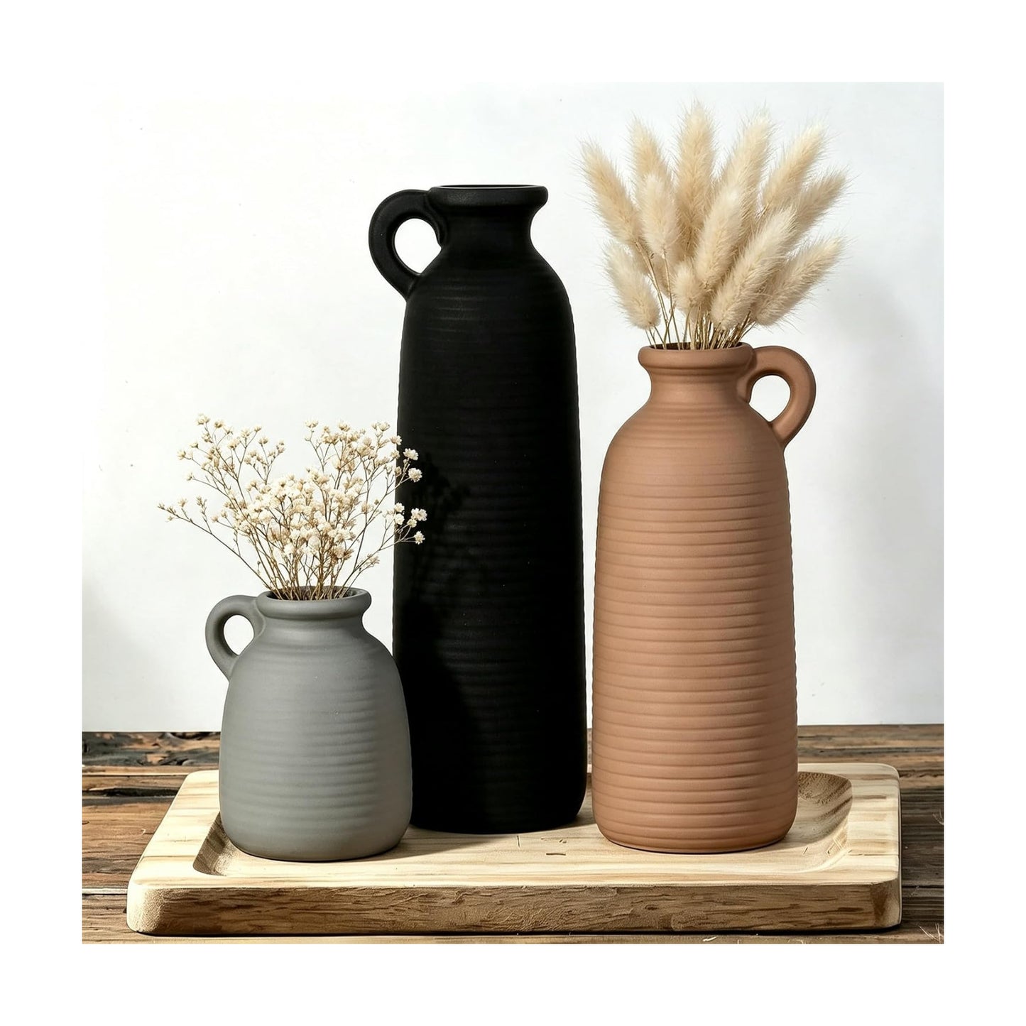 Set of 3 Matte Ceramic Vases with Handles, Textured Vases in Different Heights, Boho Farmhouse Decor for Dried Pampas