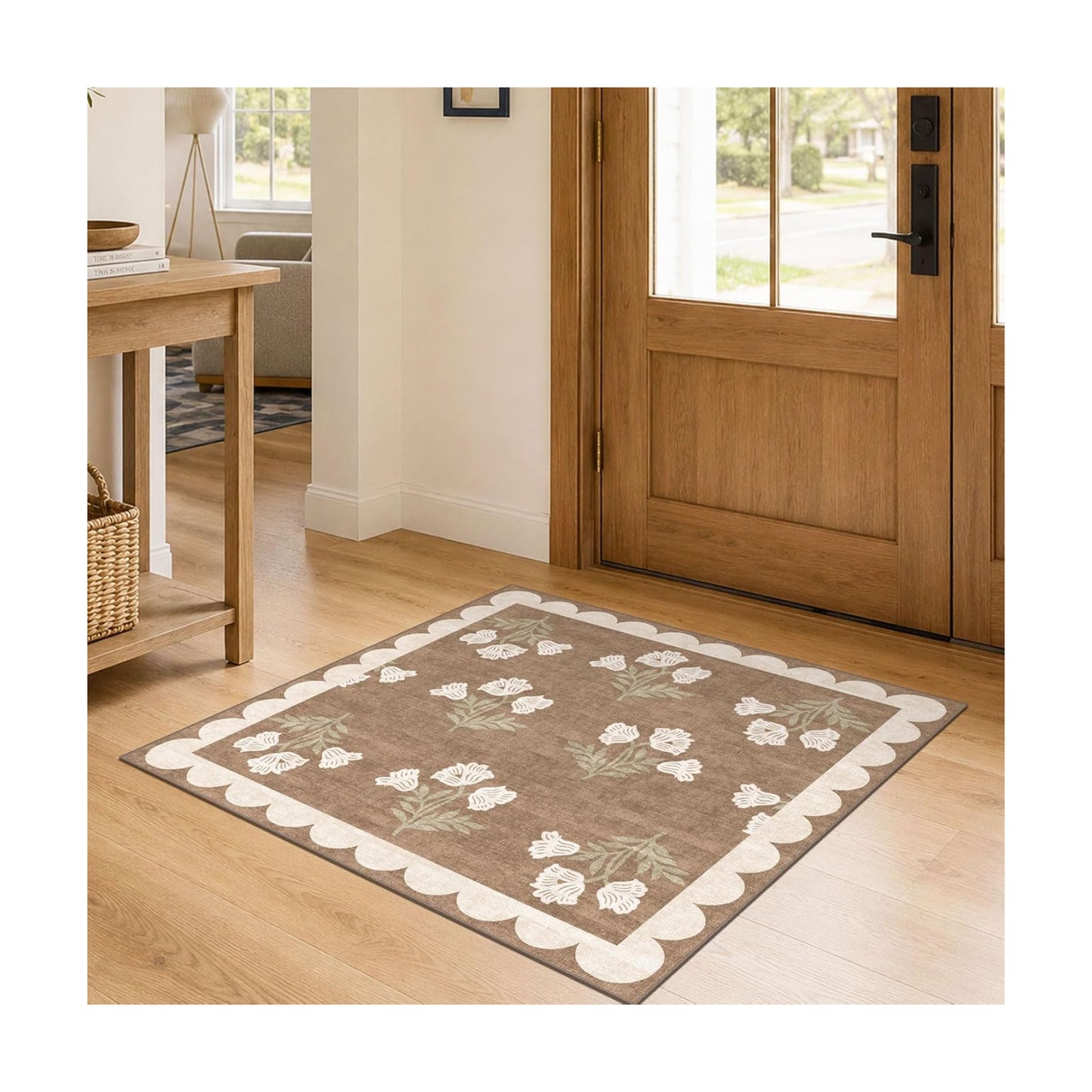 3x3 Square Entryway Rug - Non-Slip Washable Front Door Mat Indoor Outside Entrance Small Porch Rug Tan Neutral Floral