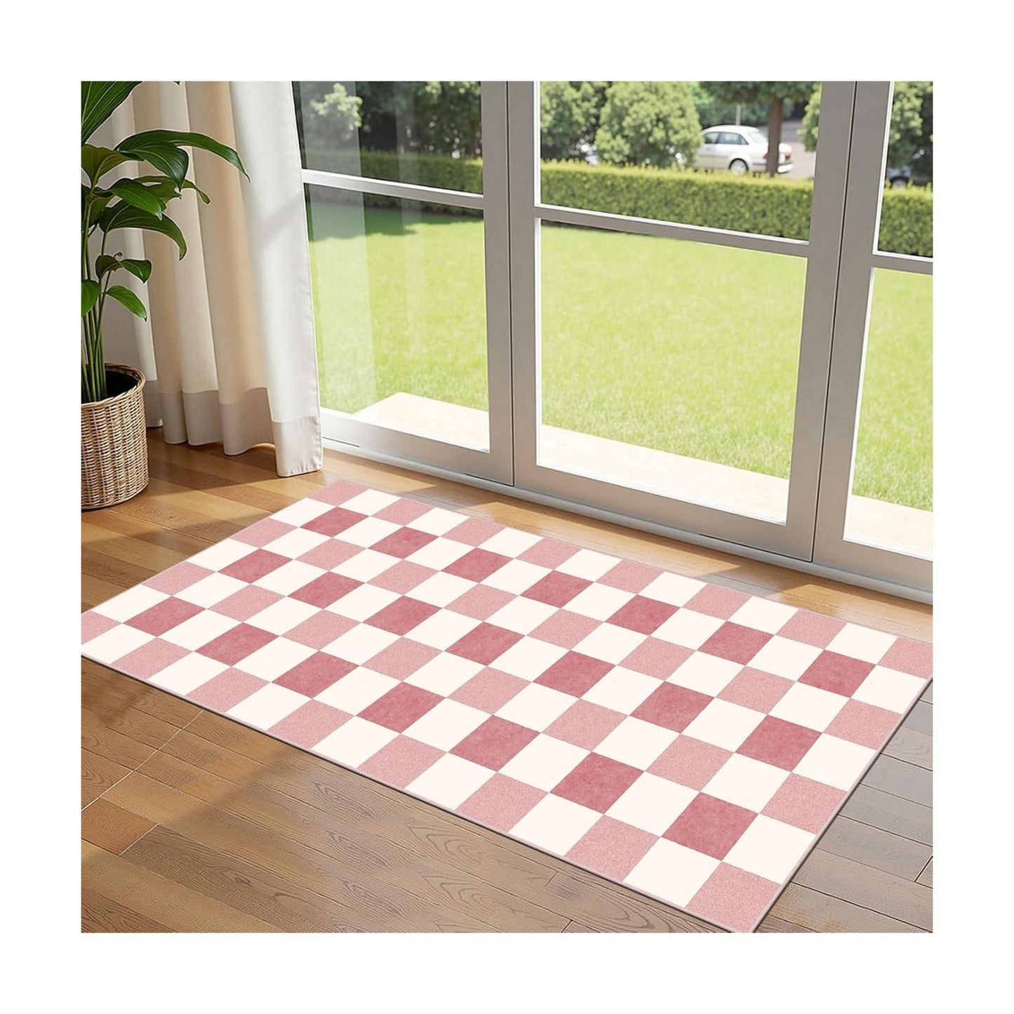 Front Door Mat Indoor Entrance, 2x4.3 Cute Pink White Checkered Rug