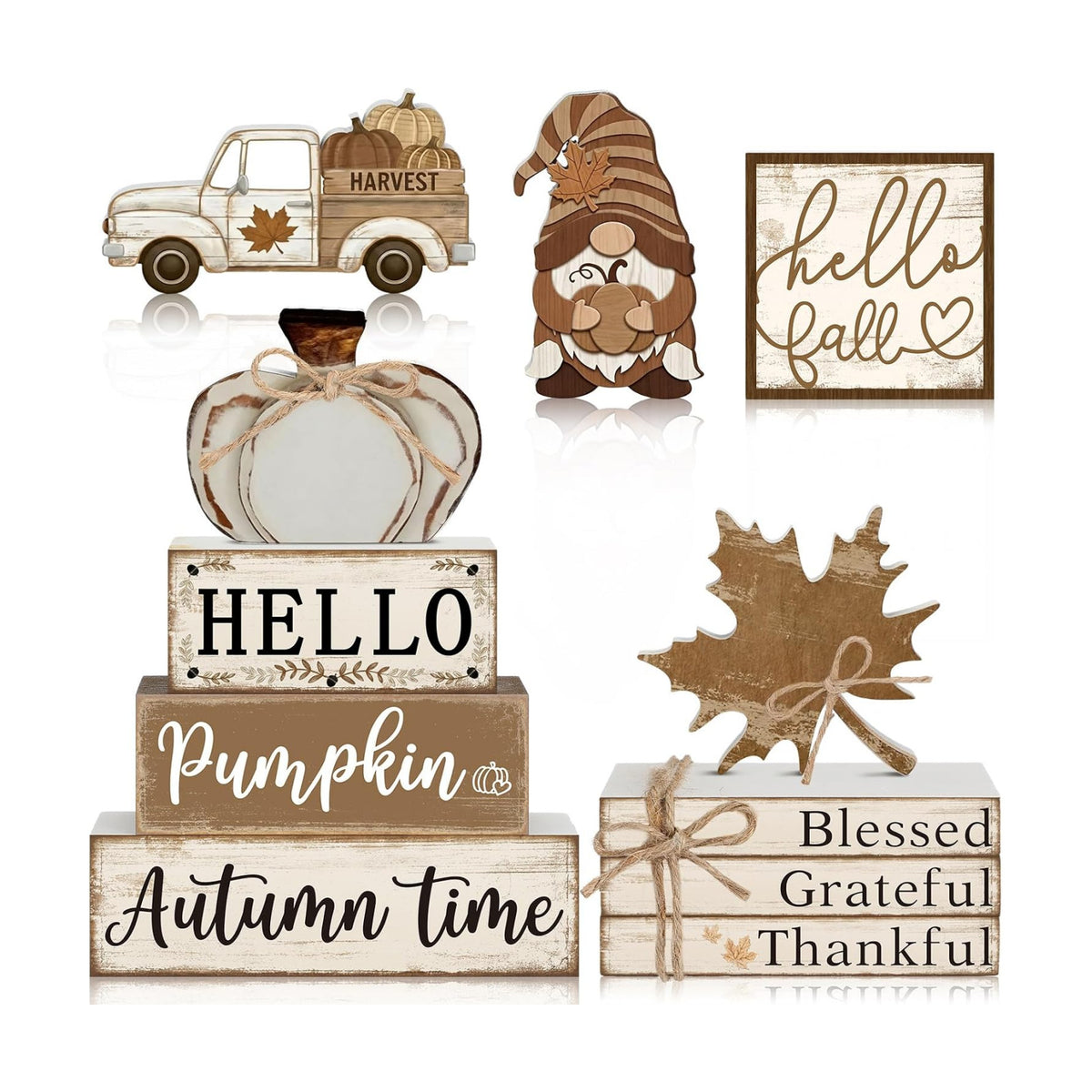 11 Pcs Fall Decorations Set Wooden Pumpkin Maple Leaf and Gnome Signs for Indoor Seasonal Display Cute Rustic Art for Home Cafe Harvest Party Favors and Thoughtful Gift Idea