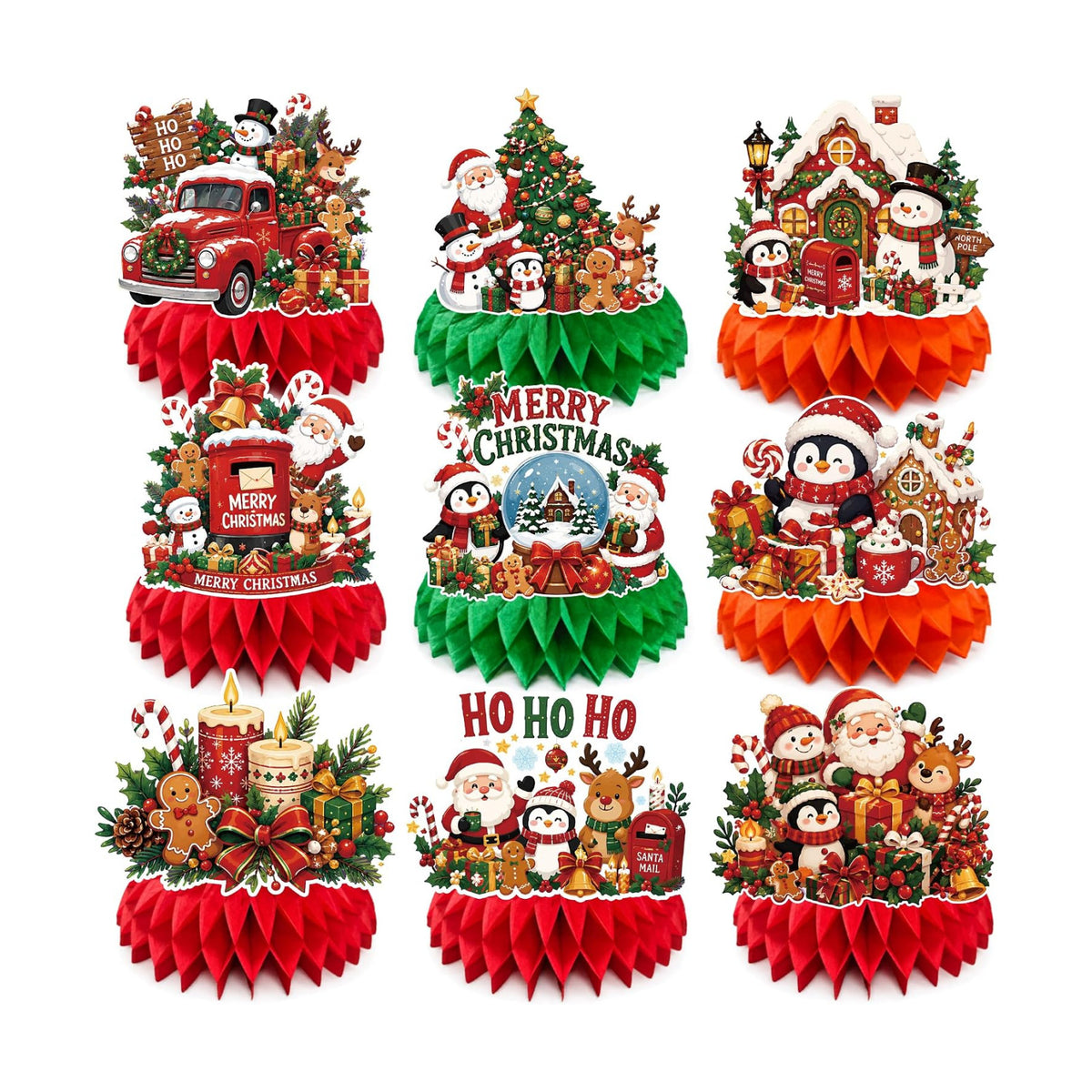 Christmas Decorations - 9 PCS Santa Snowman Reindeer Honeycomb for Christmas Table Decorations