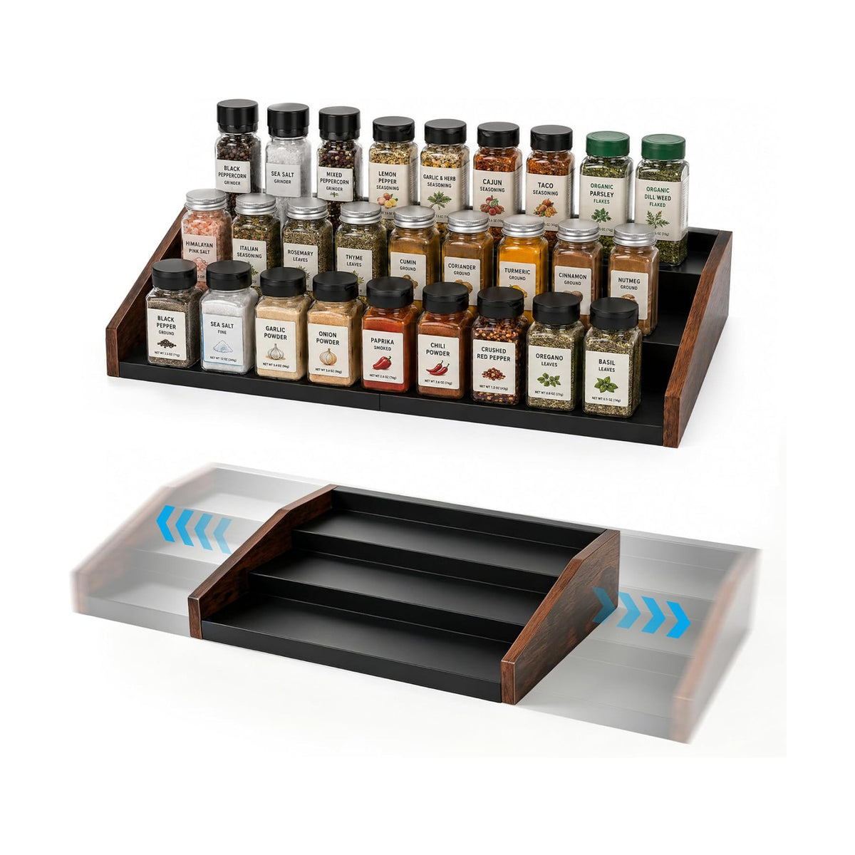 3-Tier Expandable Spice Rack Organizer, 12.8-22.6 in, Rustic Brown | Adjustable, Countertop Stepped wood & iron