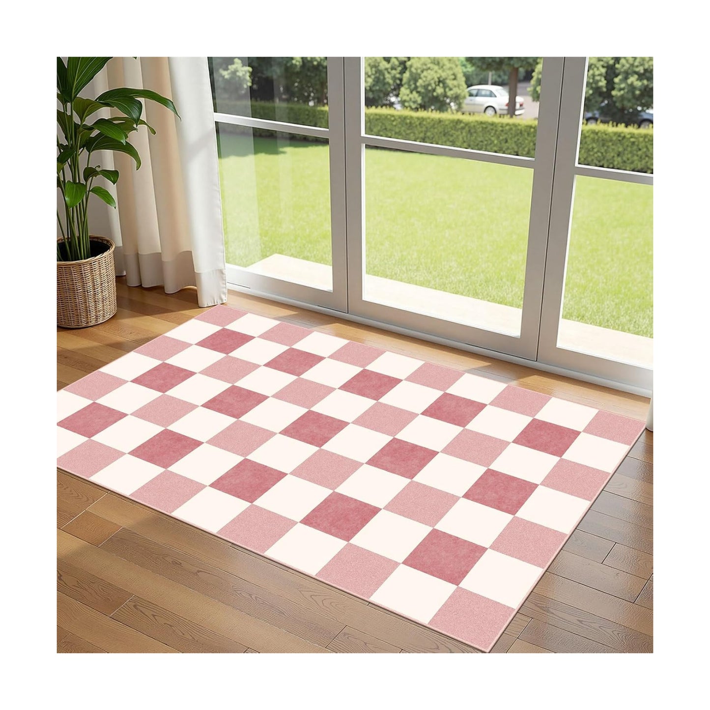 Pink White Checkered Entry Rug - 3x5 Non-Slip Indoor Outdoor Rugs