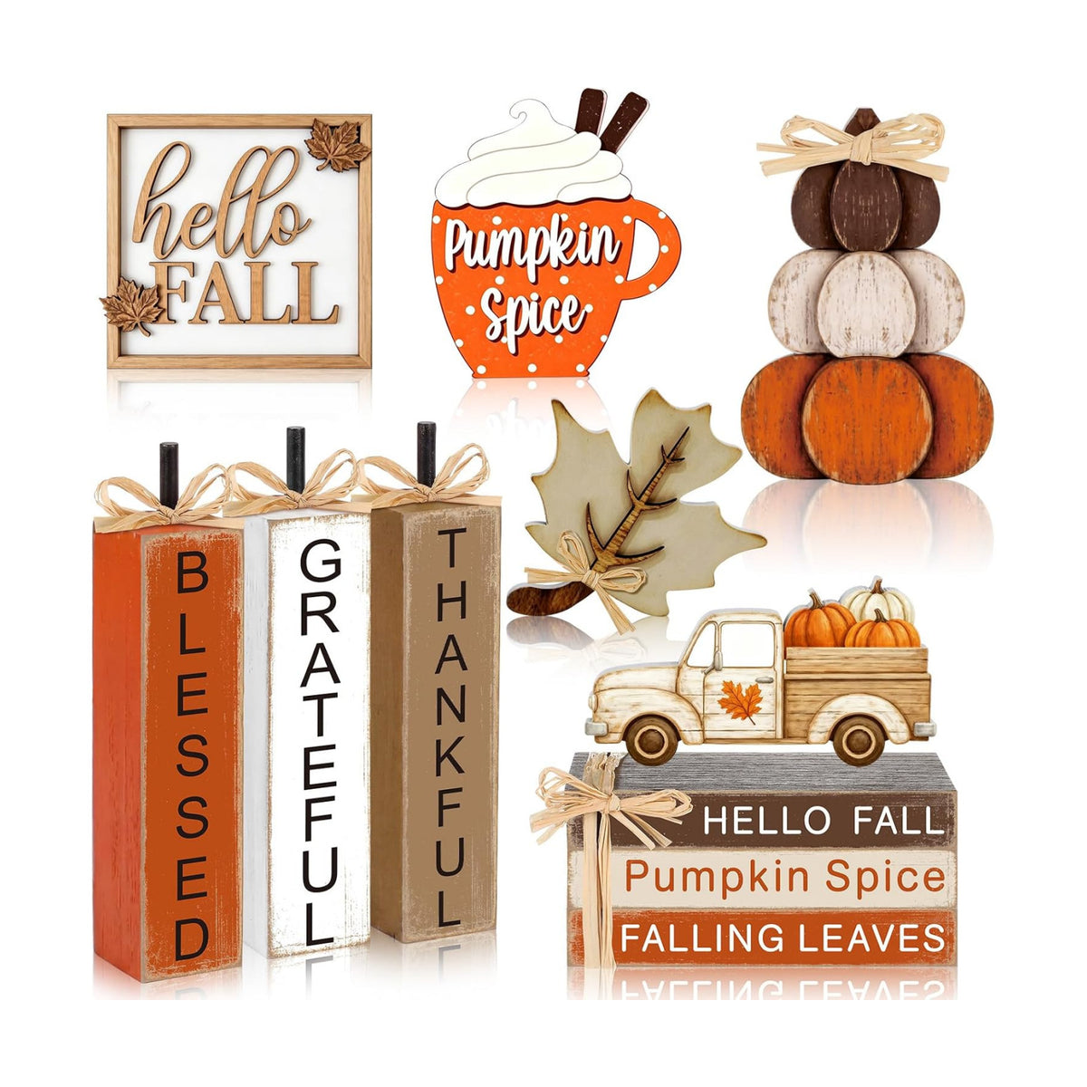 11 Pcs Fall Table Decorations Autumn Pumpkin Wooden Decorative Set Featuring Blessings Gratitude and Appreciation Sign for Thanksgiving Various Occasions Family Dining Kitchens Offices