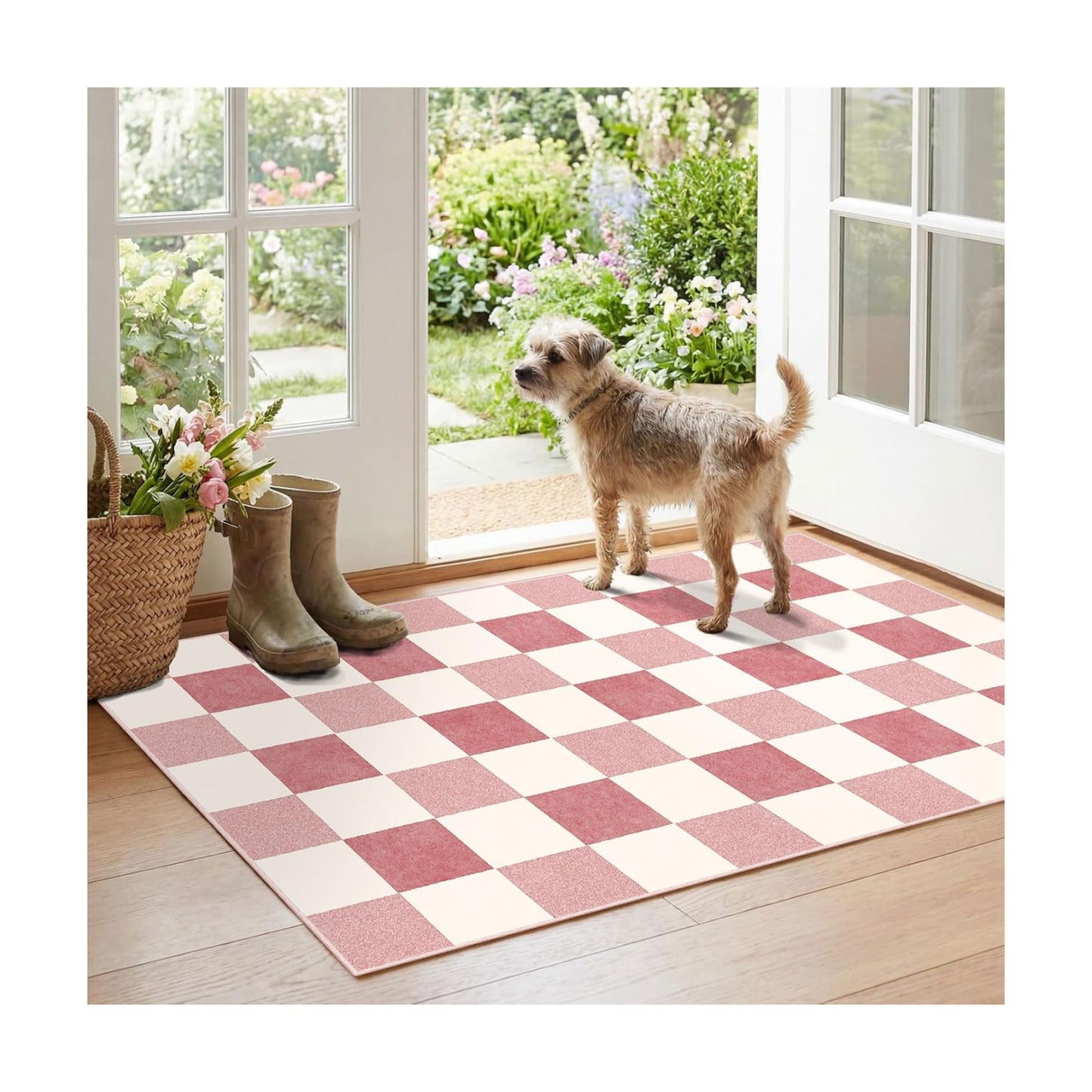 Pink White Checkered Rug, 28"x43" Doormat Indoor Outdoor Entrance