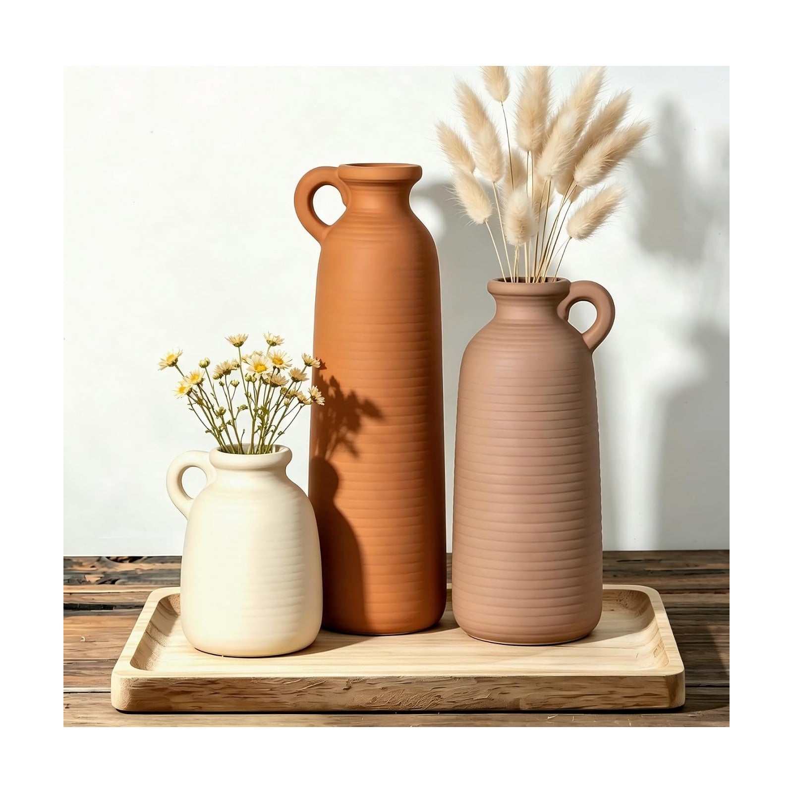 Set of 3 Matte Ceramic Vases with Handles, Textured Vases in Different Heights, Boho Farmhouse Decor for Dried Pampas