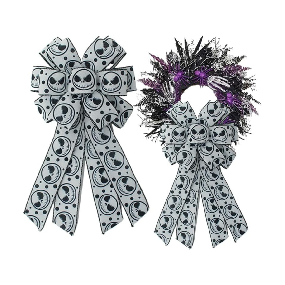 1 Pcs Large Halloween Wreath Bow - 17.8" x 9.8" Spooky Skeleton Wired Bow, Black White Skull Gothic Decorative Burlap Bows for Front Door, Tree Topper & Party Decor (Black Skeleton Bow)