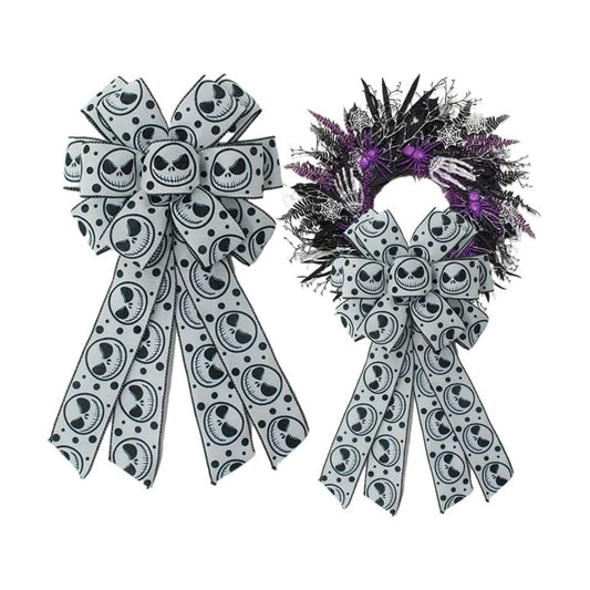 1 Pcs Large Halloween Wreath Bow - 17.8" x 9.8" Spooky Skeleton Wired Bow, Black White Skull Gothic Decorative Burlap Bows for Front Door, Tree Topper & Party Decor (Black Skeleton Bow)