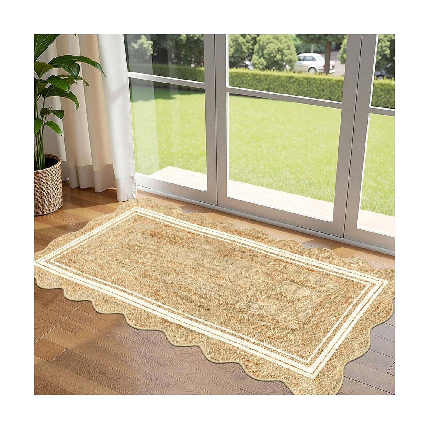 Front Door Mat - 2x4.3 Neutral Farmhouse Scalloped Small Runner Rug