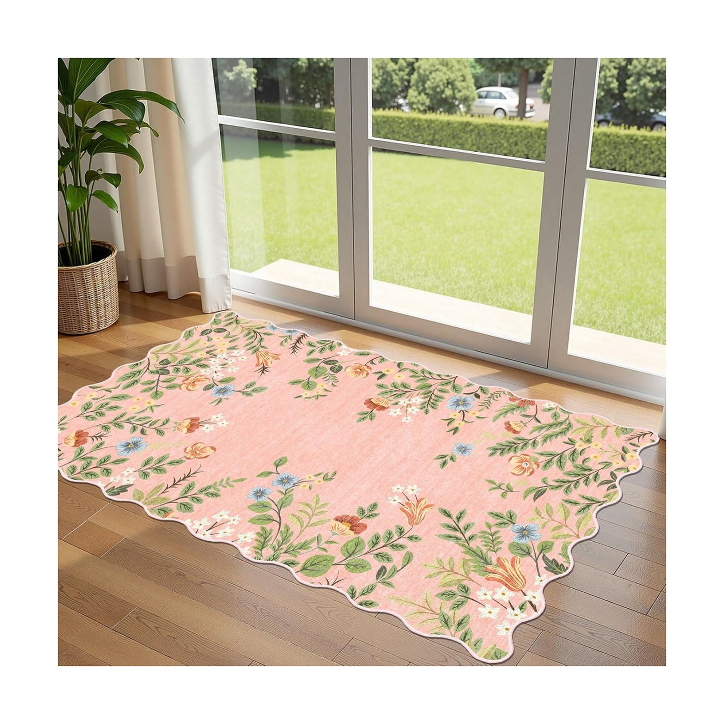 Pink Floral Entry Rug, 3x5 Ft Indoor Outdoor Mats for Front Door