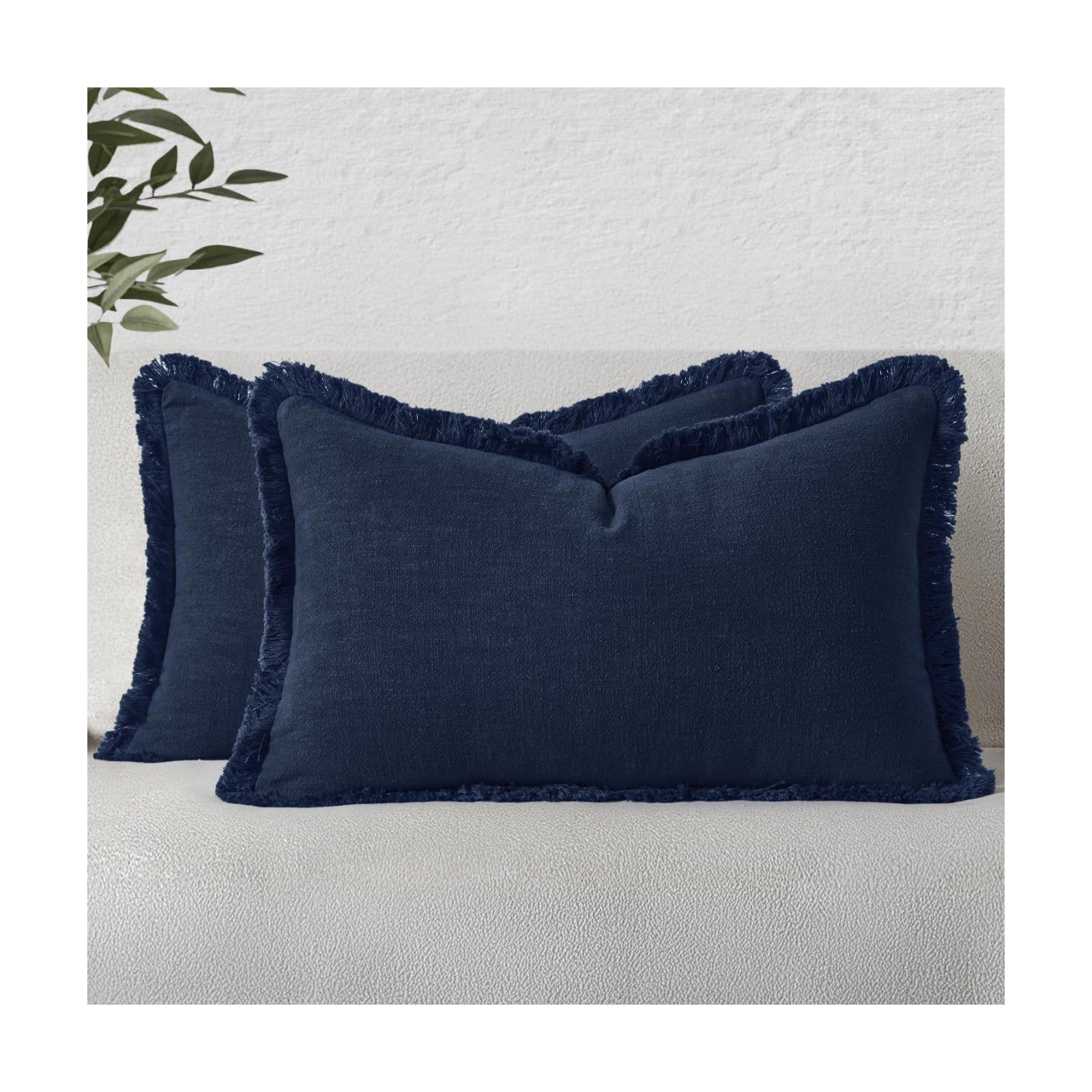 MIULEE Linen Fringe Decorative Lumbar Throw Pillow Covers Dark Navy 12x20