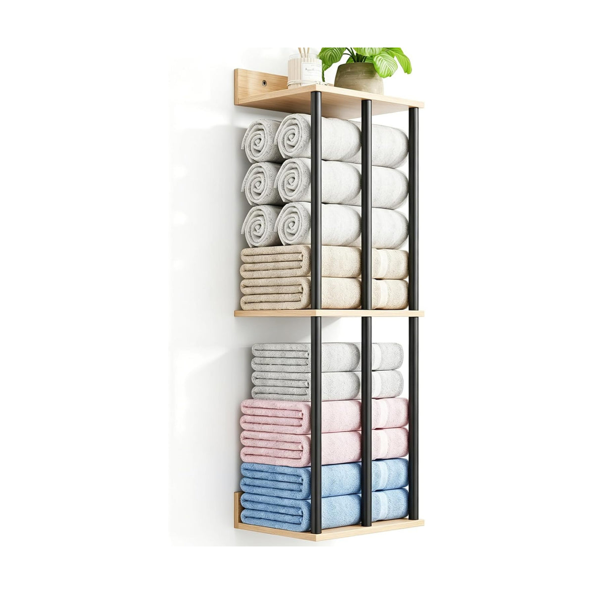 Towel Racks for Bathroom Wall Mounted with Wooden Storage Shelf | Updated 3 Bar Metal Towel Holder for Rolled Towels