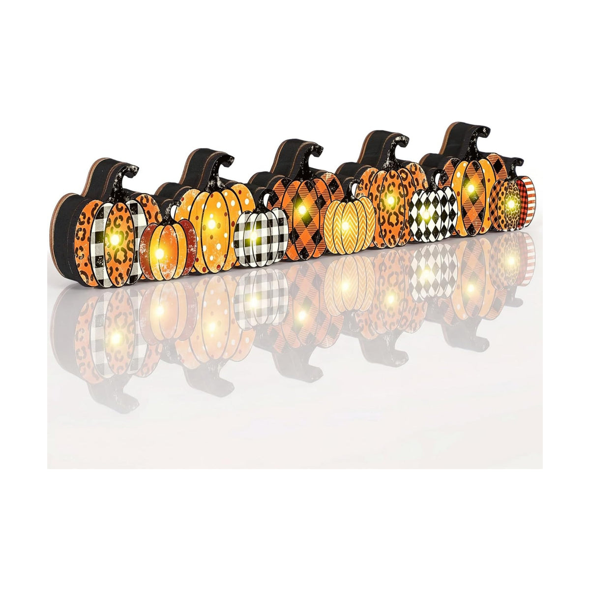 Yousoontic Fall Pumpkin Decor, LED Lighted Fall Table Centerpieces, Retro Plaid Leopard Wooden Pumpkin Sign Decorations 3D Block Farmhouse Decor for Autumn Harvest Thanksgiving Home Mantel Party