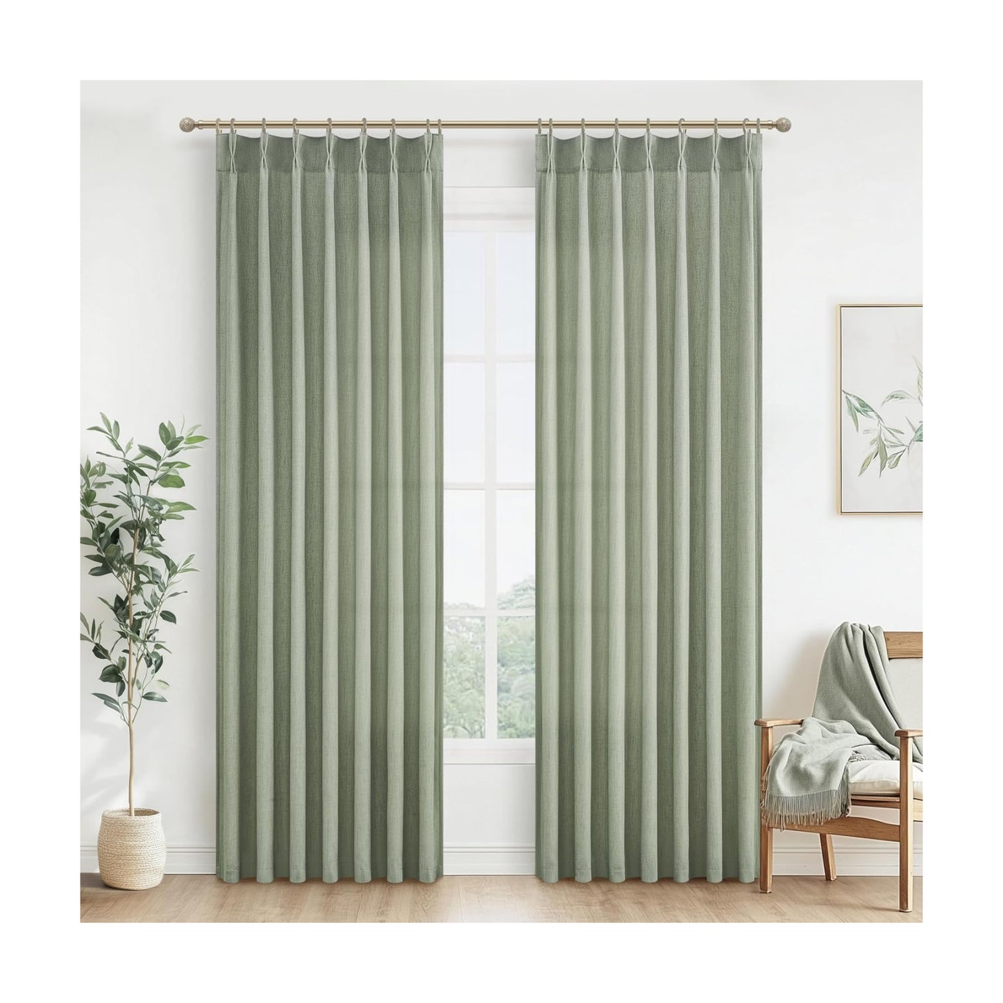 Pinch Pleated Linen Sheer Sage Green 92 Inch Curtains for Kids Room/Nursery