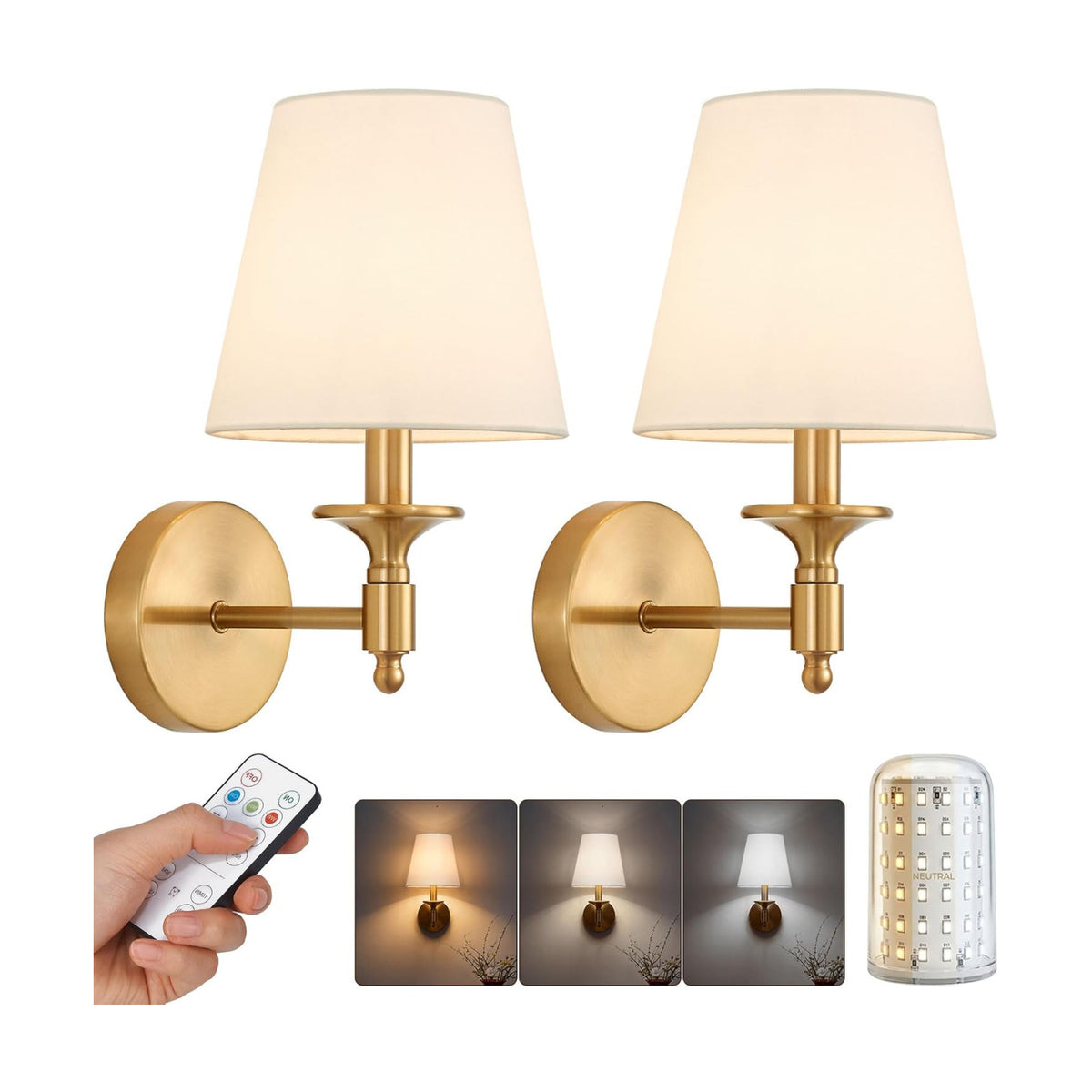 Gold Battery Operated Wall Sconce Set of 2, Wireless Wall Lights with 3 CCT Color Temperature & Dimmable Magnetic Bulb