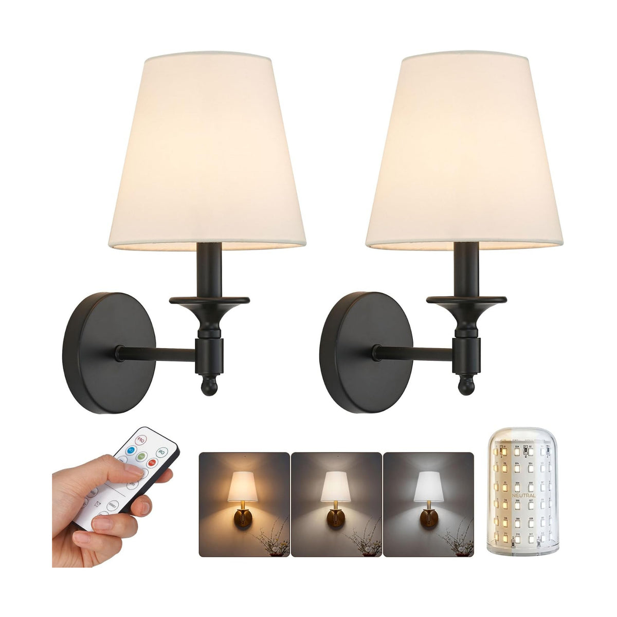 Black Wireless Wall Sconce Set of 2, Battery Operated Wall Lights with Remote Control & 3 CCT Color Temperature