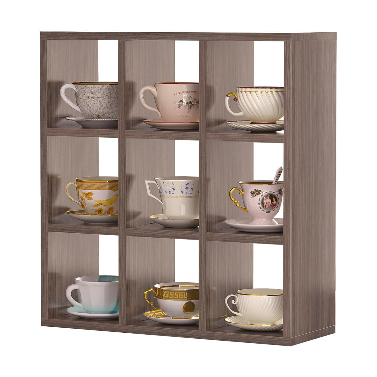 Helsin 9 Grid Vintage Coffee Mug Display Rack, 16inch Wall Mounted Wooden Curio Shadow Box Shelf, Cup Floating Shelves