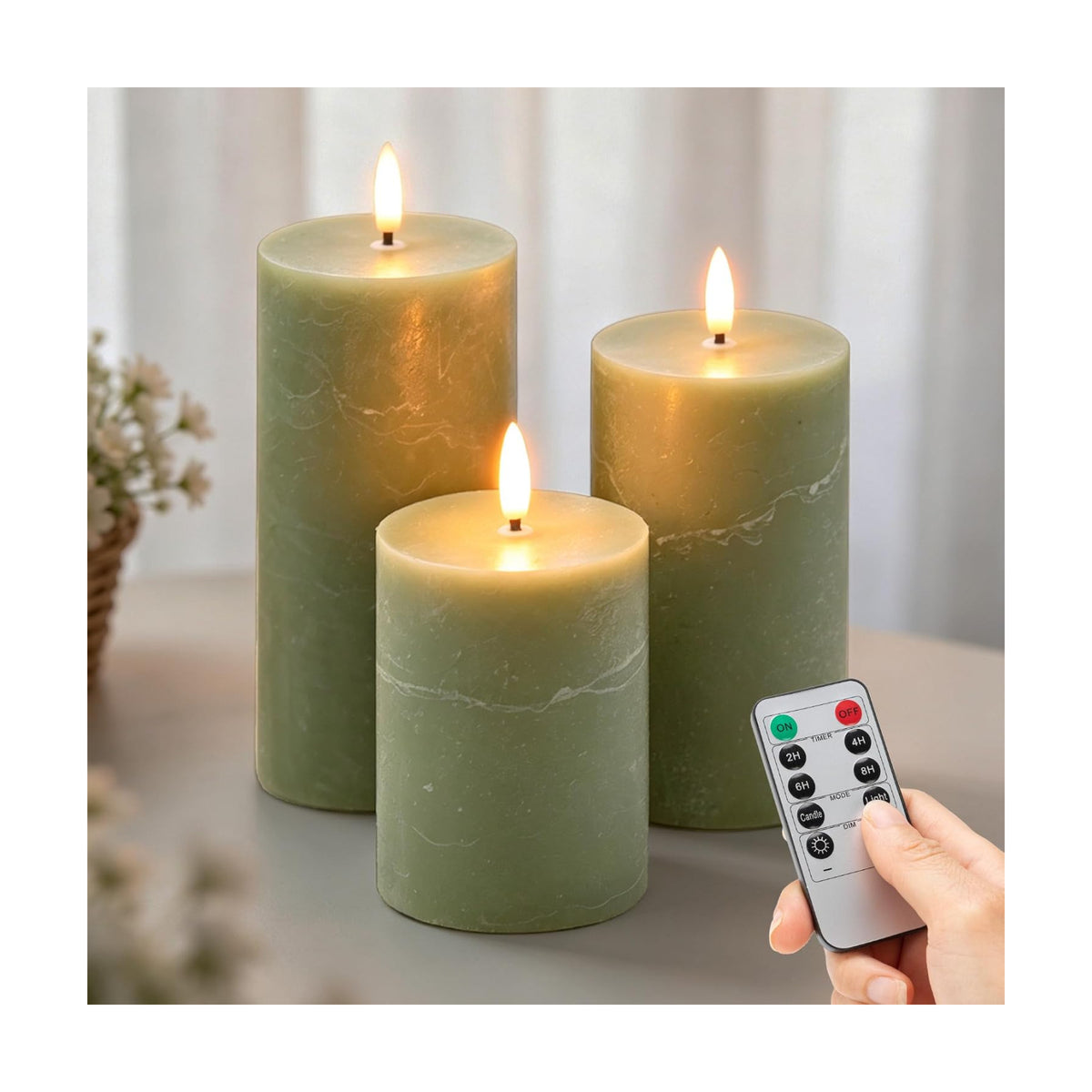 Olive Green Flameless Pillar Candles, Wax LED Candles with Remote | Realistic Battery Operated Decorative Candles