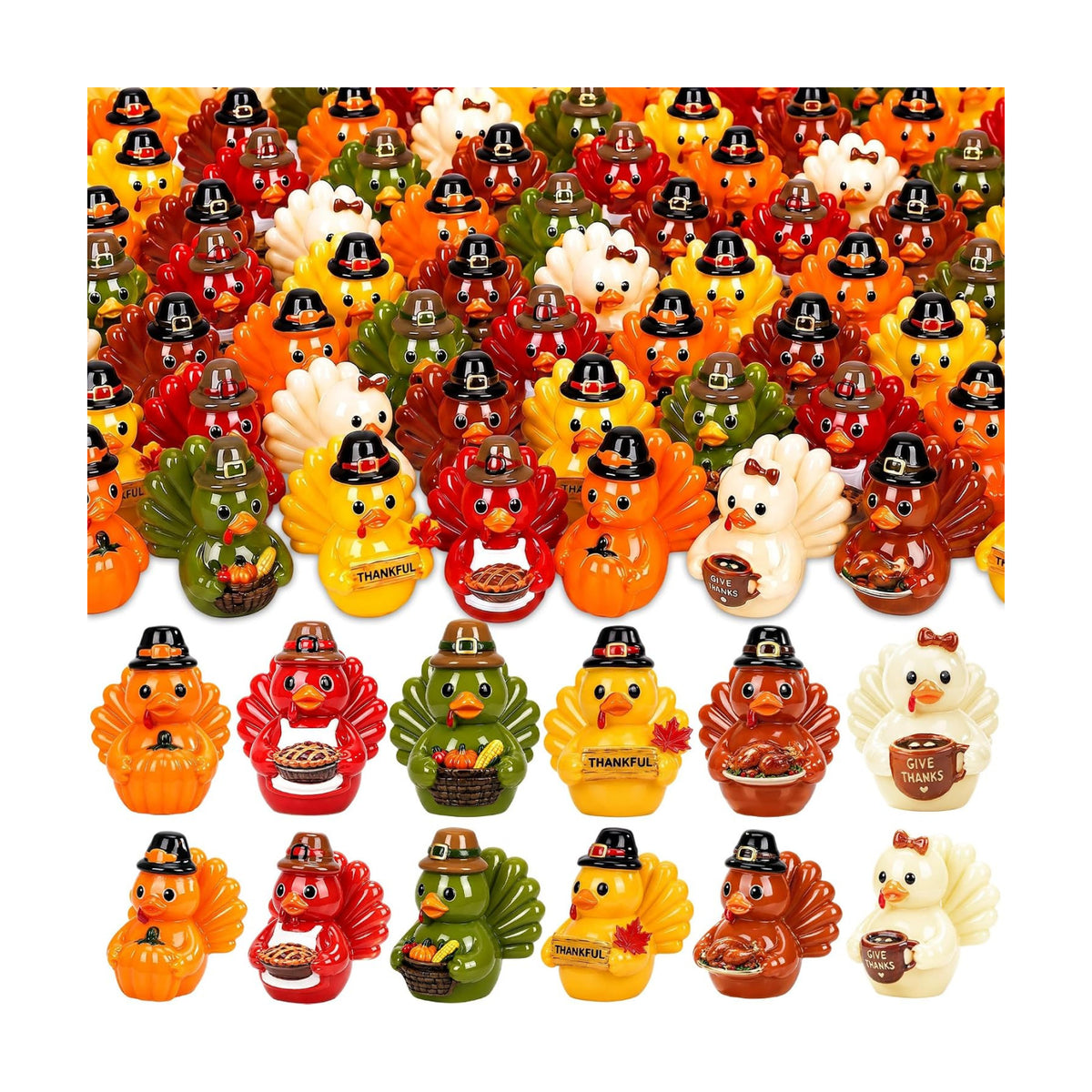 100Pcs Fall Mini Resin Ducks 6 Styles Thanksgiving Tiny Turkey Duck