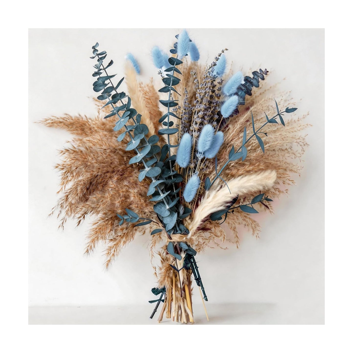 Dusty Blue Dried Flower Bouquet with Pampas Grass, Bunny Tails, Lavender and Eucalyptus, Beige Boho Floral Arrangement