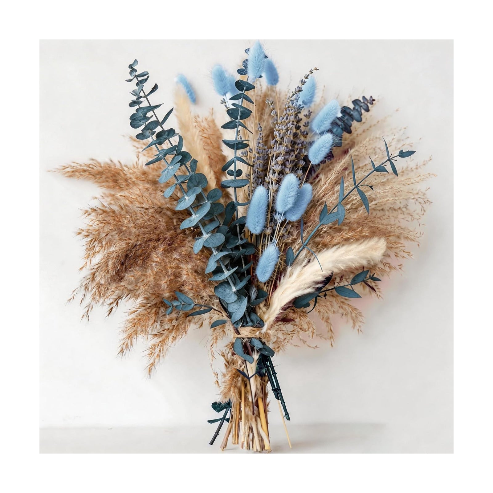 Dusty Blue Dried Flower Bouquet with Pampas Grass, Bunny Tails, Lavender and Eucalyptus, Beige Boho Floral Arrangement