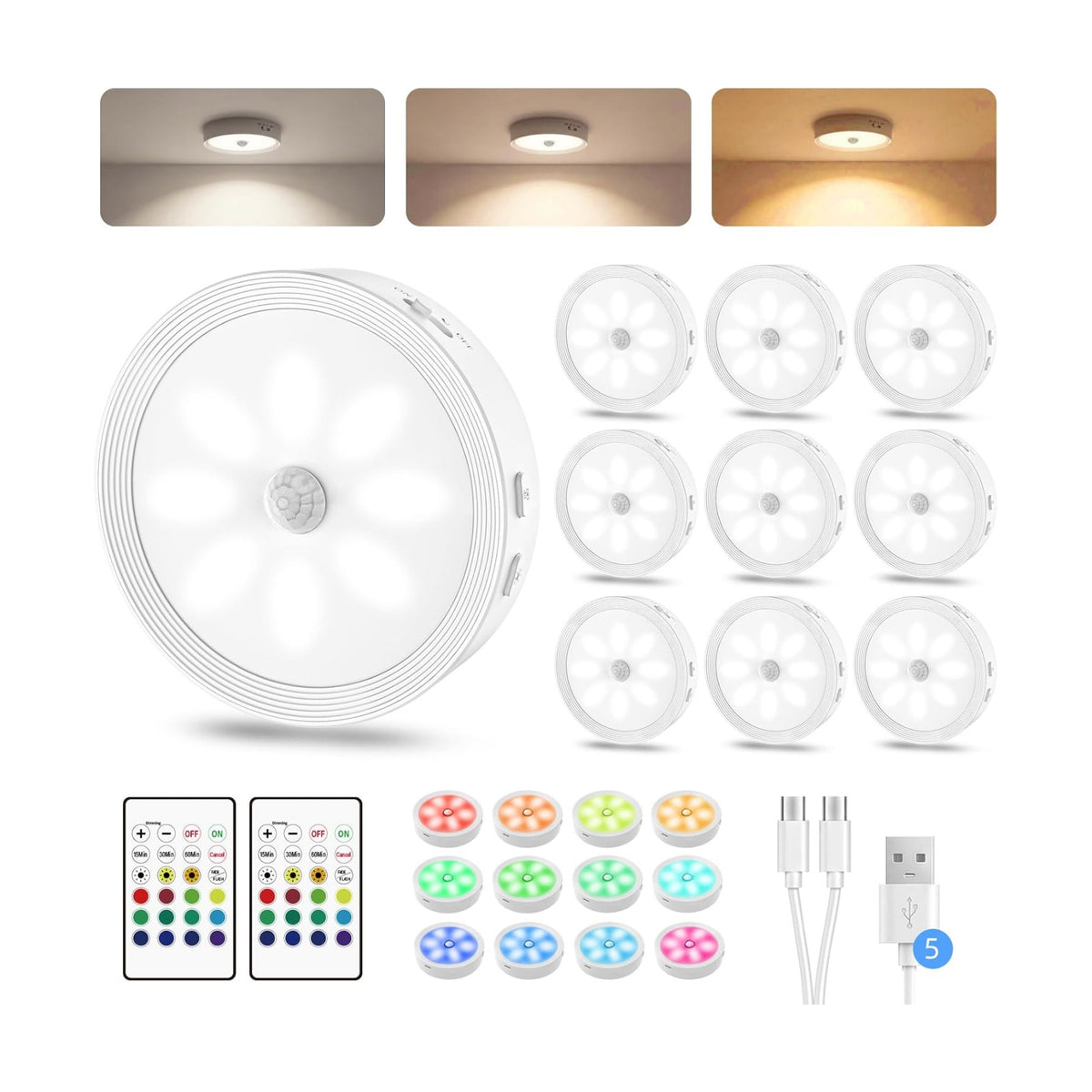 10PACK Rechargeable Puck Light with Remote Motion Sensor Light indoor White | 3 color temps & 12 RGB, dimmable