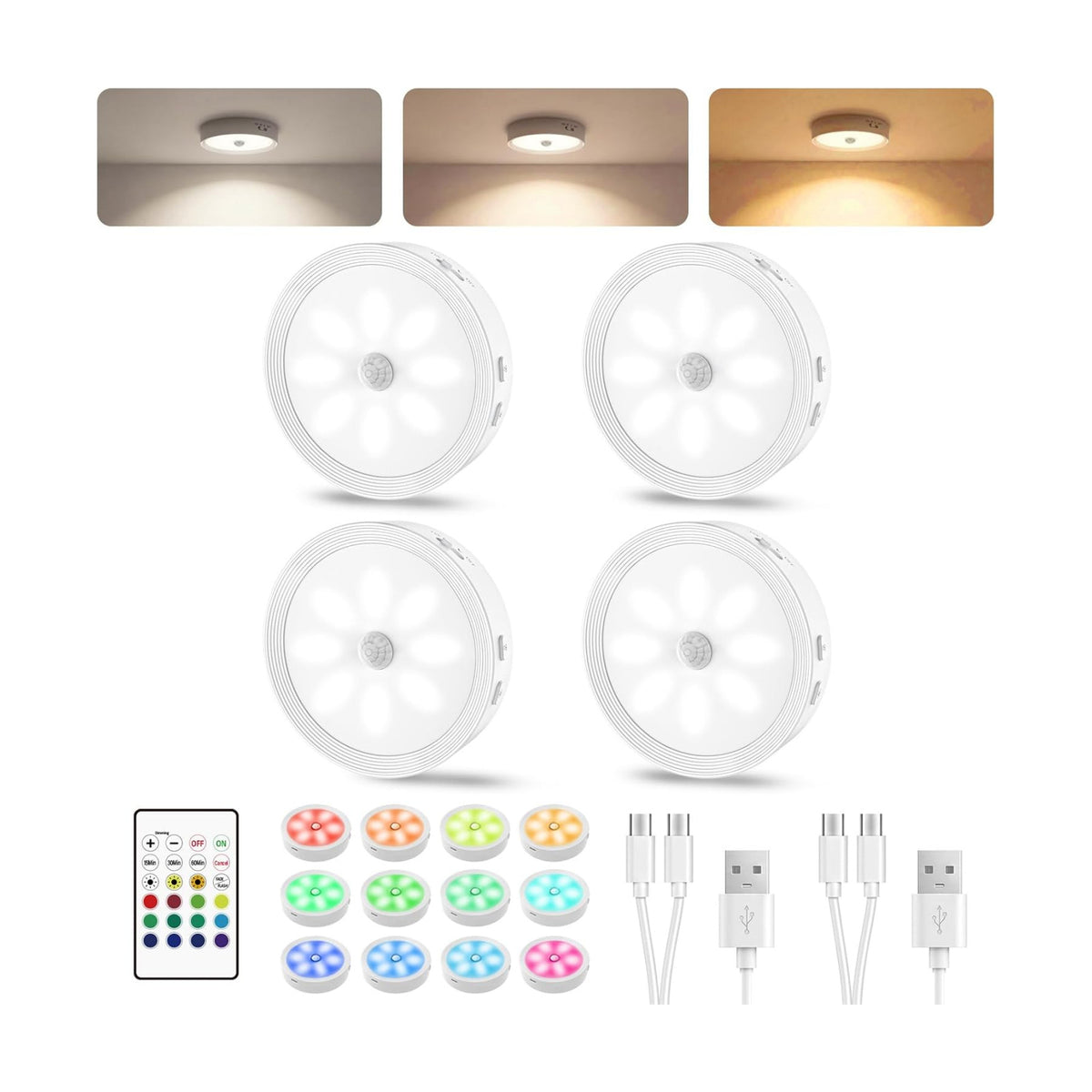 4PACK Rechargeable Puck Lights with Remote Motion Sensor Light indoor White | 3 color temps & 12 RGB, dimmable