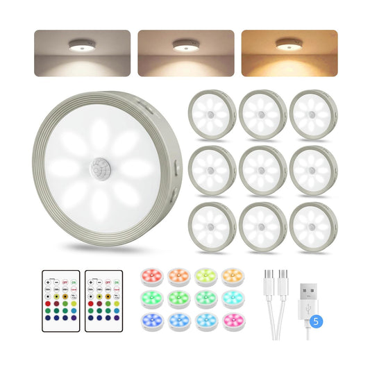 10-PACK Led Puck lights Closet Lights Motion Sensor Cabinet Lights Grey | 3 color temps & 12 RGB, dimmable, 15/30/60