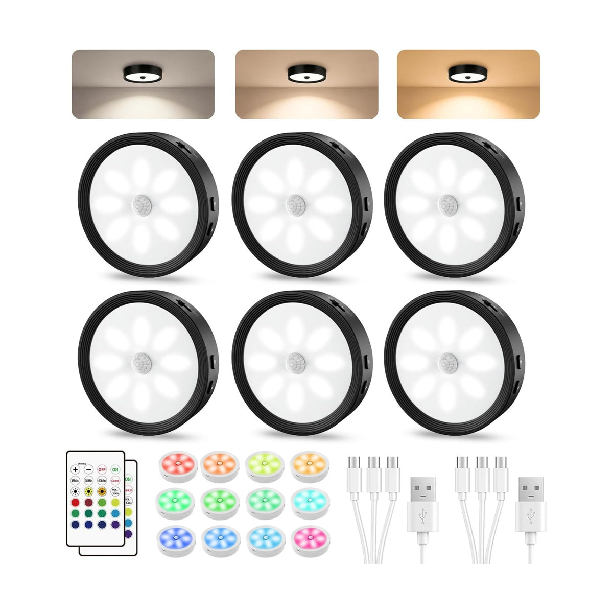 6-PACK Under Cabinet Lighting Rechargeable Puck Lights with Remote Black | 3 color temps & 12 RGB, dimmable, 15/30/60