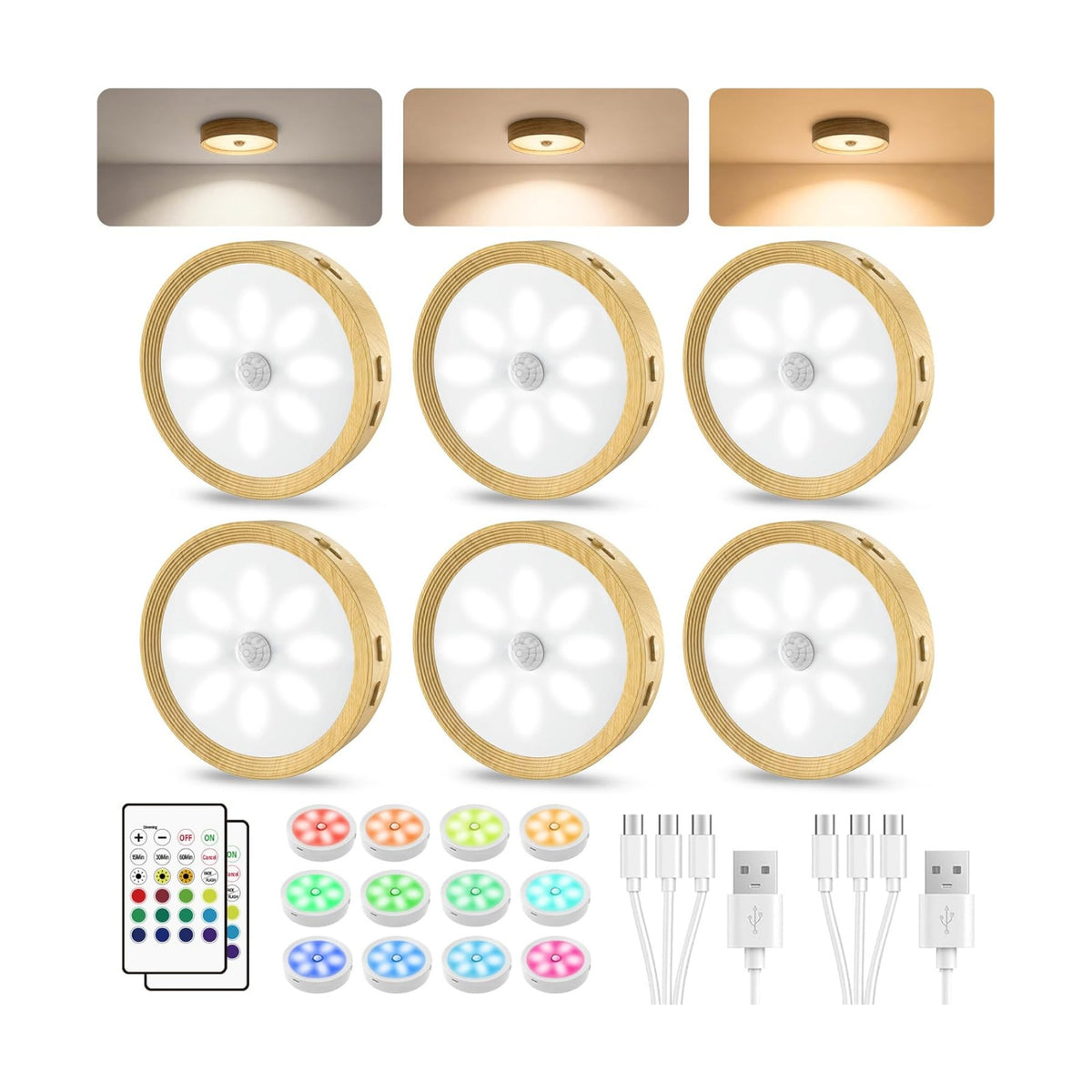 6-Pack Under Counter Lights for Kitchen Shelf Lights Stick On Lights Wood | 3 color temps & 12 RGB, dimmable, 15/30/60