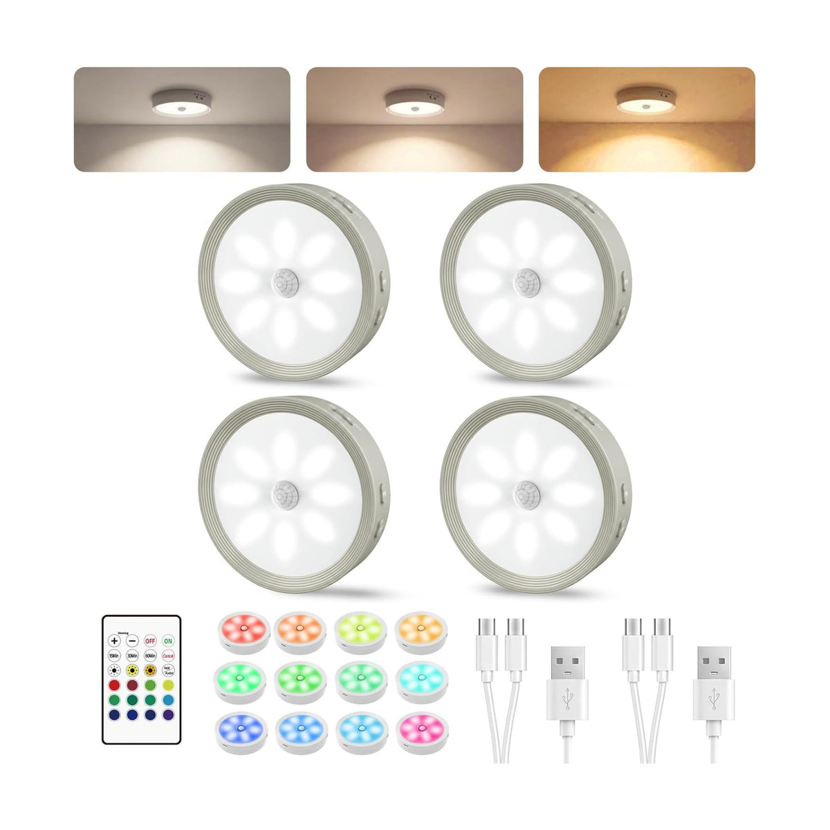 4-PACK Led Puck lights Closet Lights Motion Sensor Cabinet Lights Grey | 3 color temps & 12 RGB, dimmable, 15/30/60