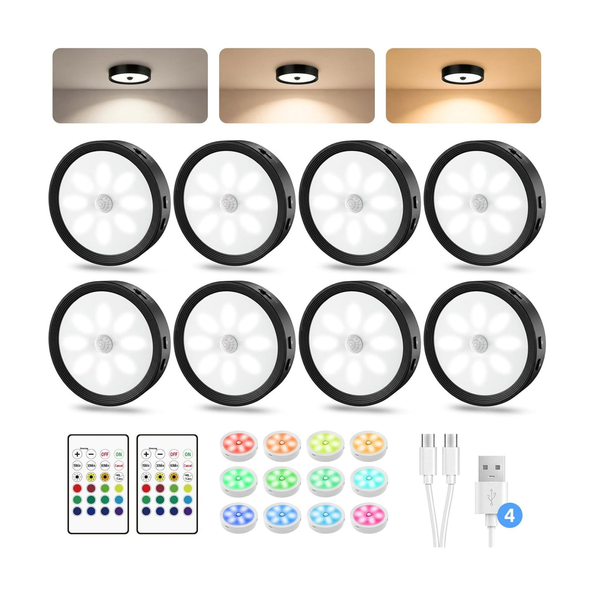 8-PACK Under Cabinet Lighting Rechargeable Puck Lights with Remote Black | 3 color temps & 12 RGB, dimmable, 15/30/60