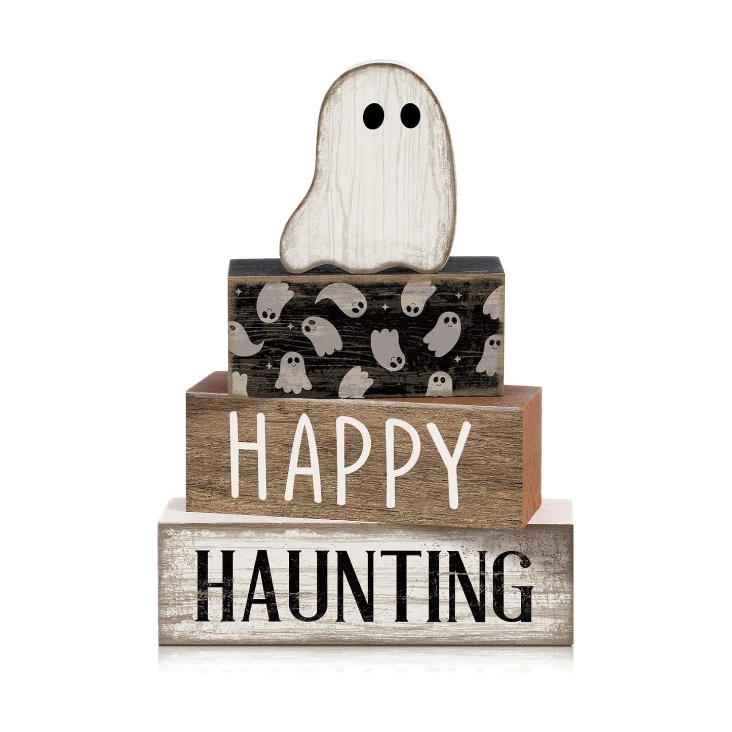 Lineshading 4 Pcs Happy Haunting Wood Blocks, Halloween Farmhouse Decor