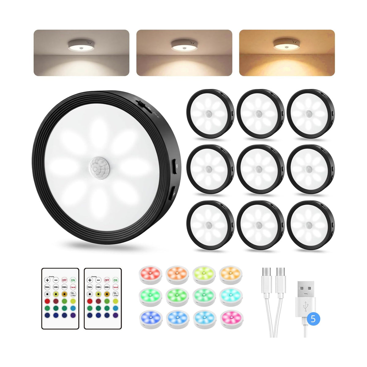 10-PACK Under Cabinet Lighting Rechargeable Puck Lights with Remote Black | 3 color temps & 12 RGB, dimmable, 15/30/60
