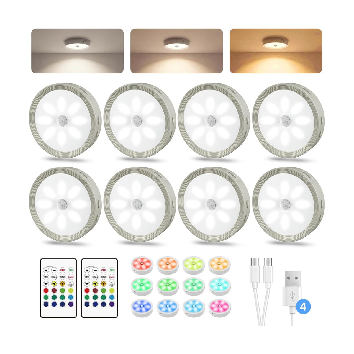 8-PACK Led Puck lights Closet Lights Motion Sensor Cabinet Lights Grey | 3 color temps & 12 RGB, dimmable, 15/30/60