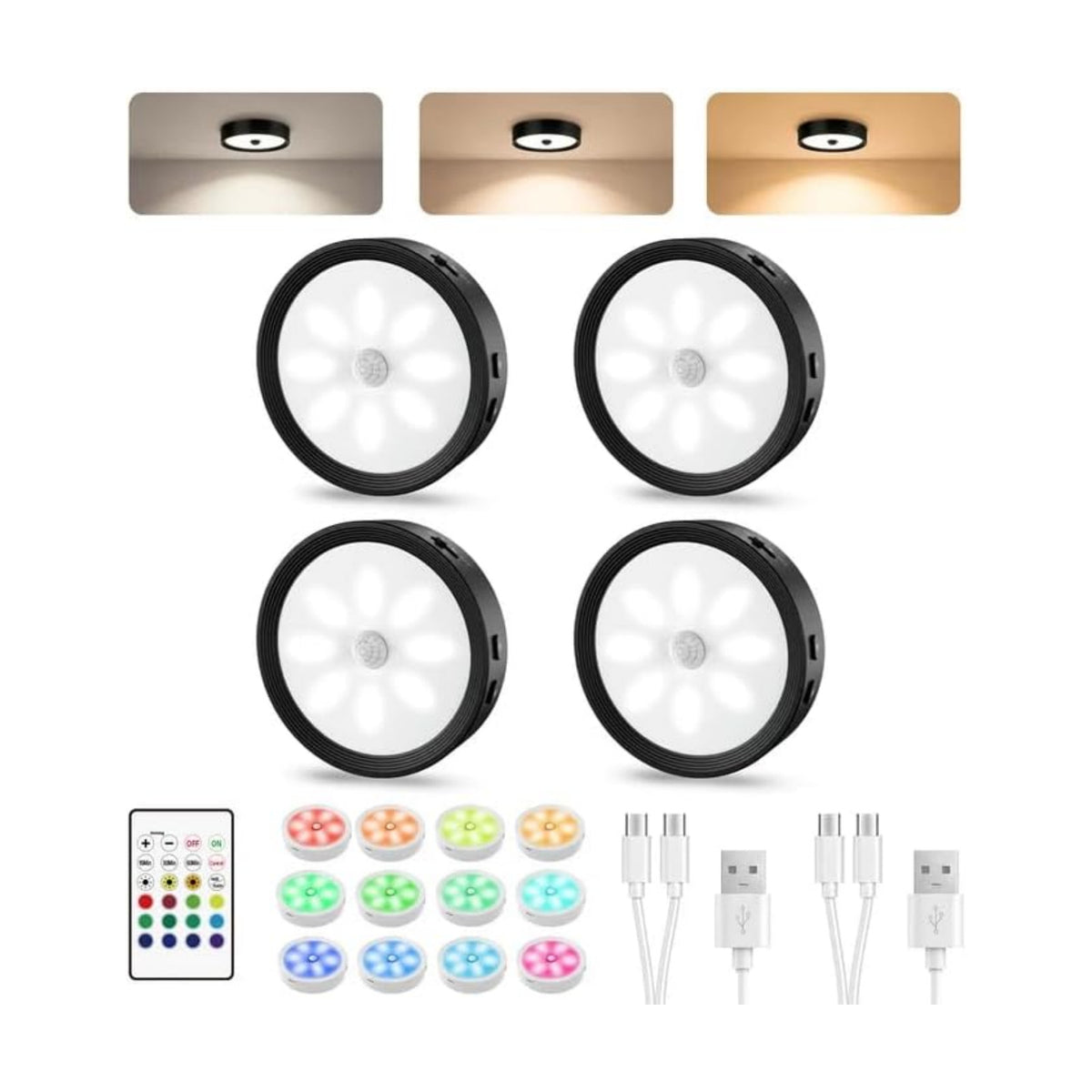 4-PACK Under Cabinet Lighting Rechargeable Puck Lights with Remote Black | 3 color temps & 12 RGB, dimmable, 15/30/60