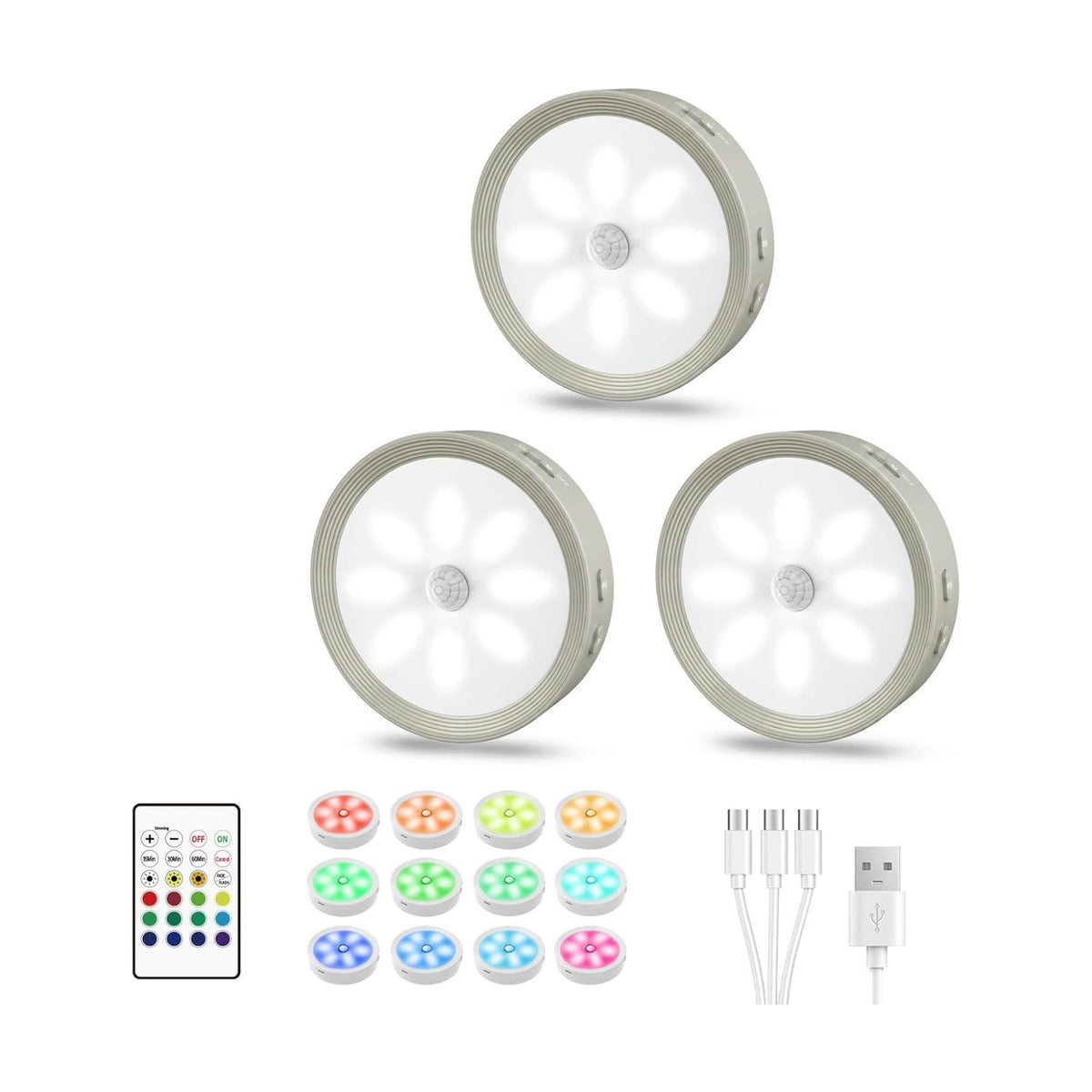 3-PACK Led Puck lights Closet Lights Motion Sensor Cabinet Lights Grey | 3 color temps & 12 RGB, dimmable, 15/30/60