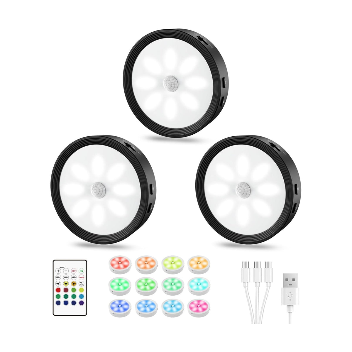 3-PACK Under Cabinet Lighting Rechargeable Puck Lights with Remote Black | 3 color temps & 12 RGB, dimmable, 15/30/60
