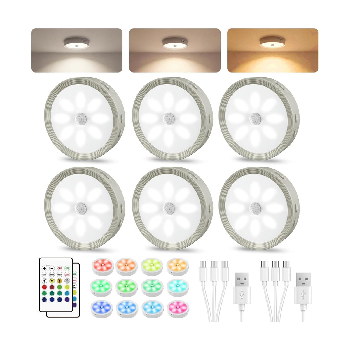 6-PACK Led Puck lights Closet Lights Motion Sensor Cabinet Lights Grey | 3 color temps & 12 RGB, dimmable, 15/30/60