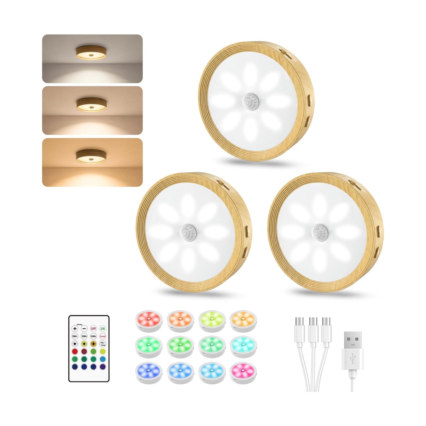 3-Pack Under Counter Lights for Kitchen Shelf Lights Stick On Lights Wood | 3 color temps & 12 RGB, dimmable, 15/30/60