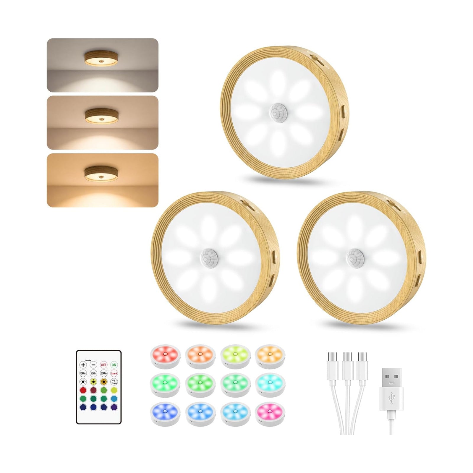 3-Pack Under Counter Lights for Kitchen Shelf Lights Stick On Lights Wood | 3 color temps & 12 RGB, dimmable, 15/30/60