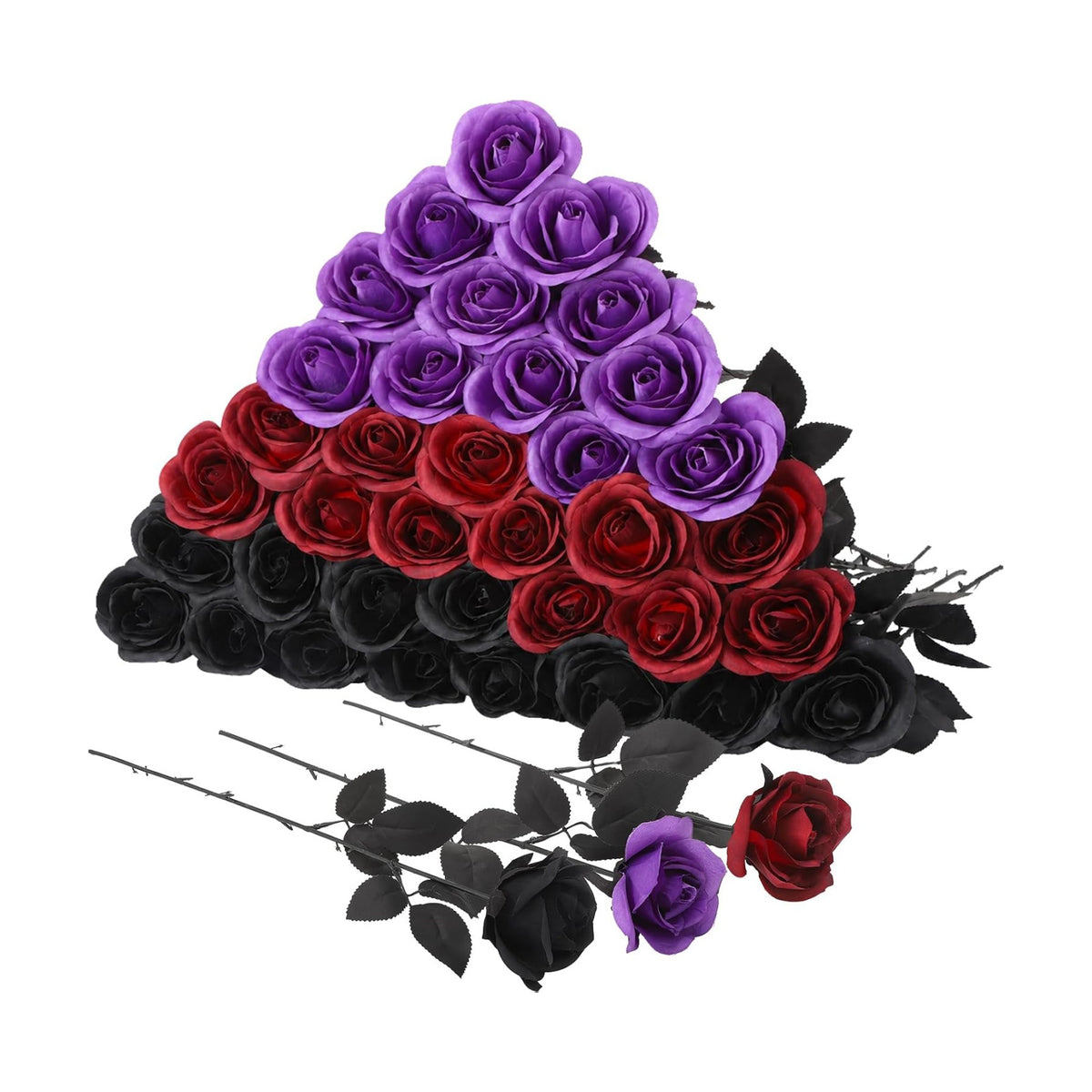 36 Pcs Black Purple Red Artificial Roses with Black Long Stems