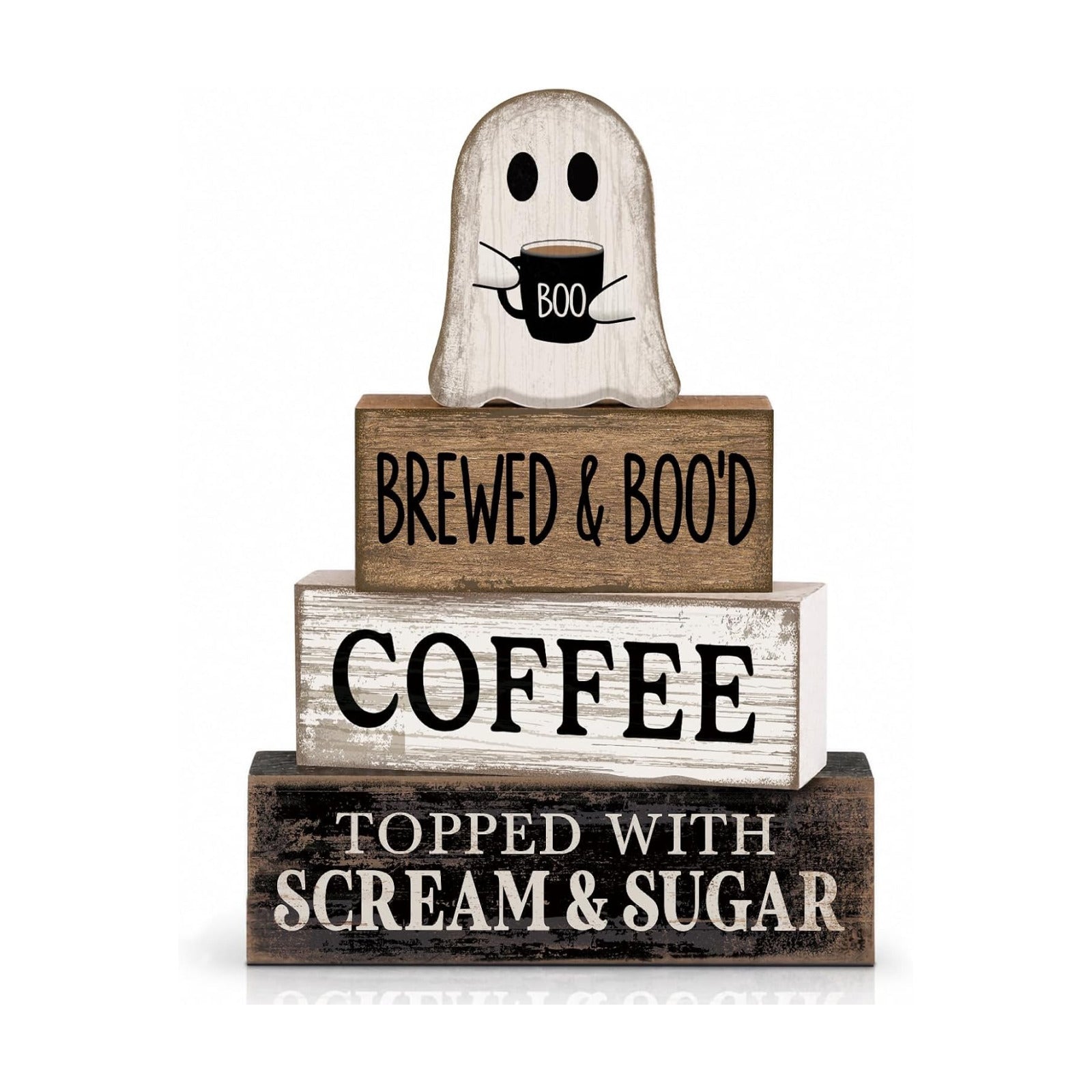 Lineshading 4 Pcs Halloween Ghost Blocks, Wooden Coffee Farmhouse Decor
