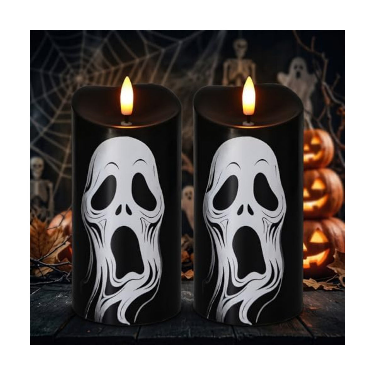 Halloween Black Flameless Pillar Candles with Ghost Decals, 2PCS