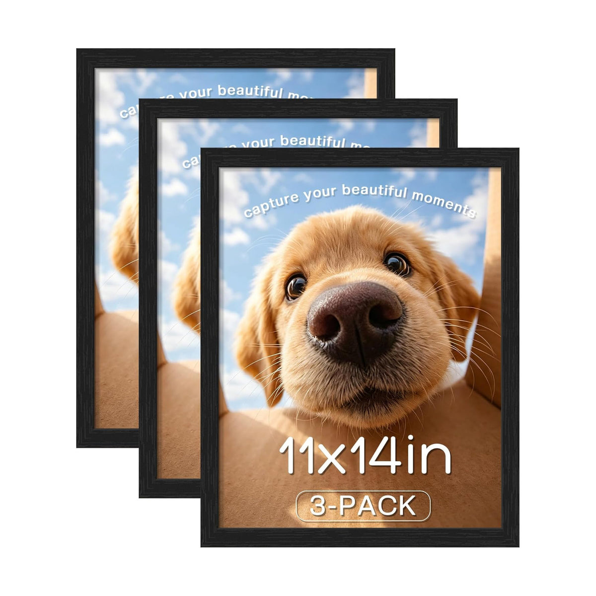 11x14 Picture Frame 3 Pack, Wall Mount & Tabletop Display, Black | Black Wood Grain, Clear Shatterproof Cover