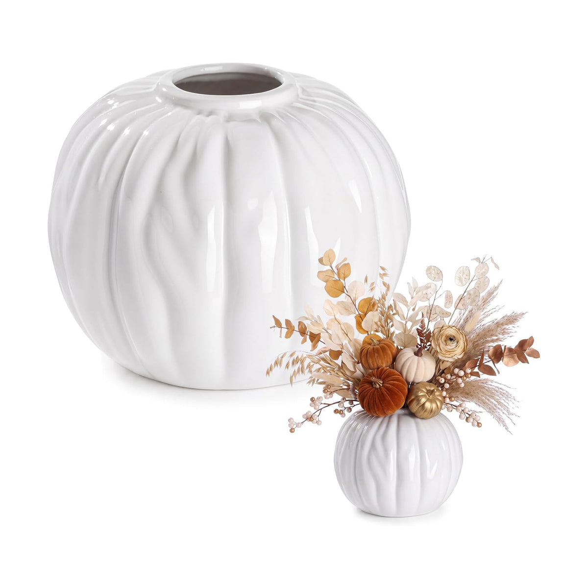 FoldTier White Pumpkin Fall Flower Vase 5.5" Ceramic Pumpkin Flower Pot