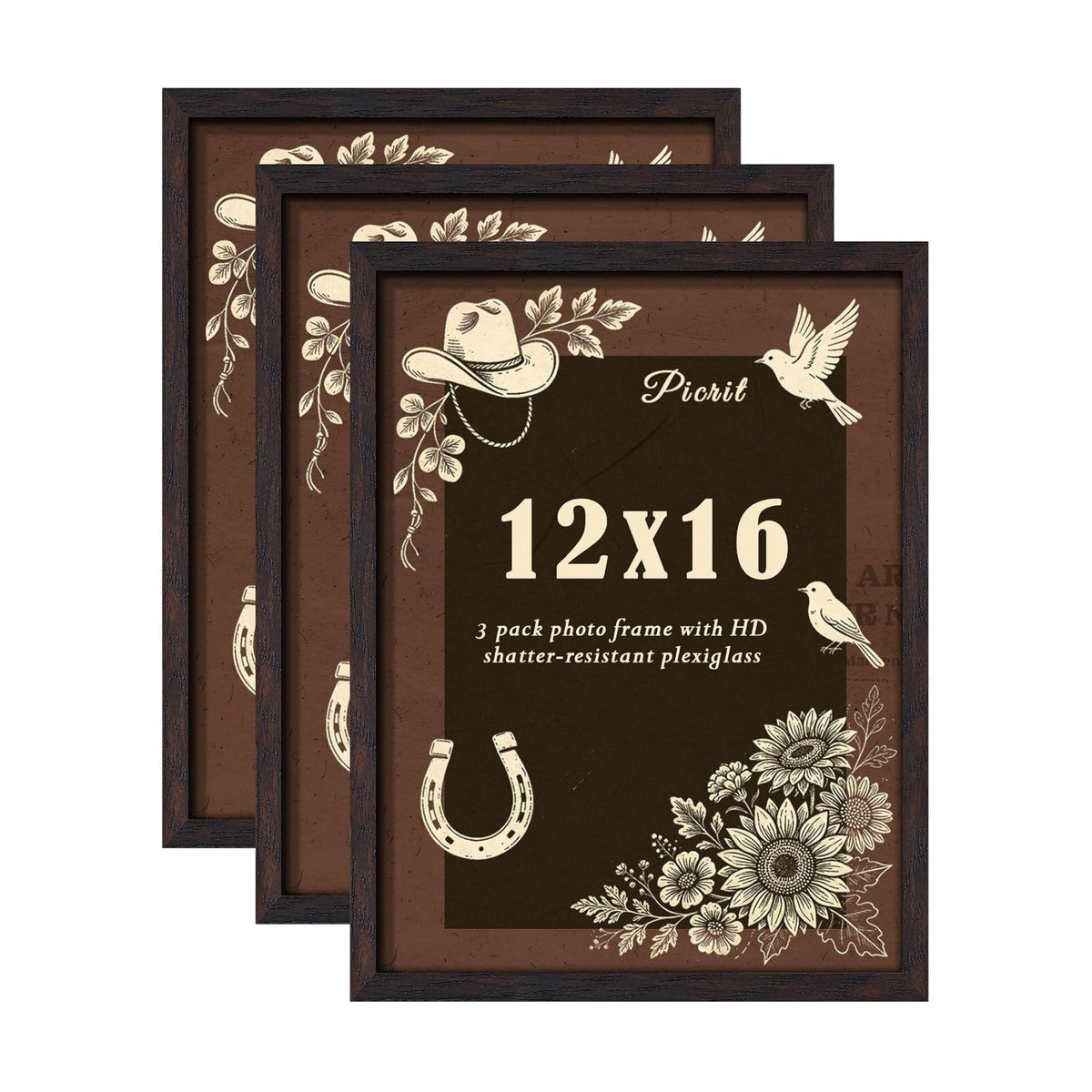12x16 Picture Frame 3 Pack, Wall Mount Display, Walnut Wood Grain | Fits 12x16 Photos or Posters, Shatterproof Cover